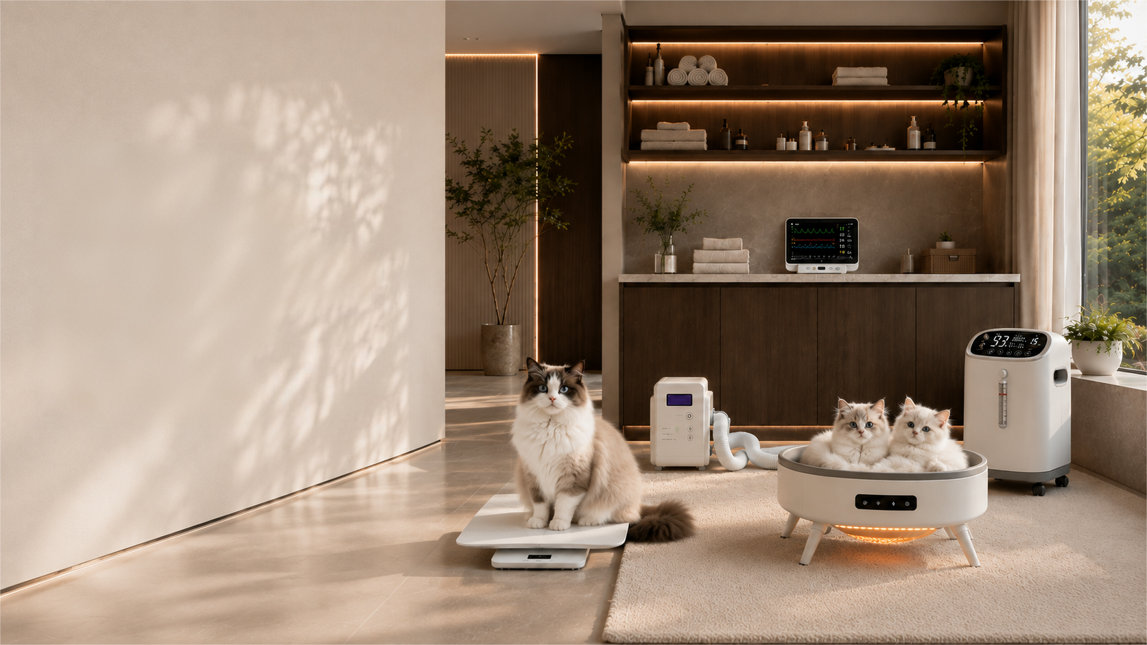 现代住宅健康护理区 · 布偶猫与动物心电监护仪、5L宠物专用制氧机、智能除虱器、带刻度专业宠物体重秤、智能恒温宠物取暖机