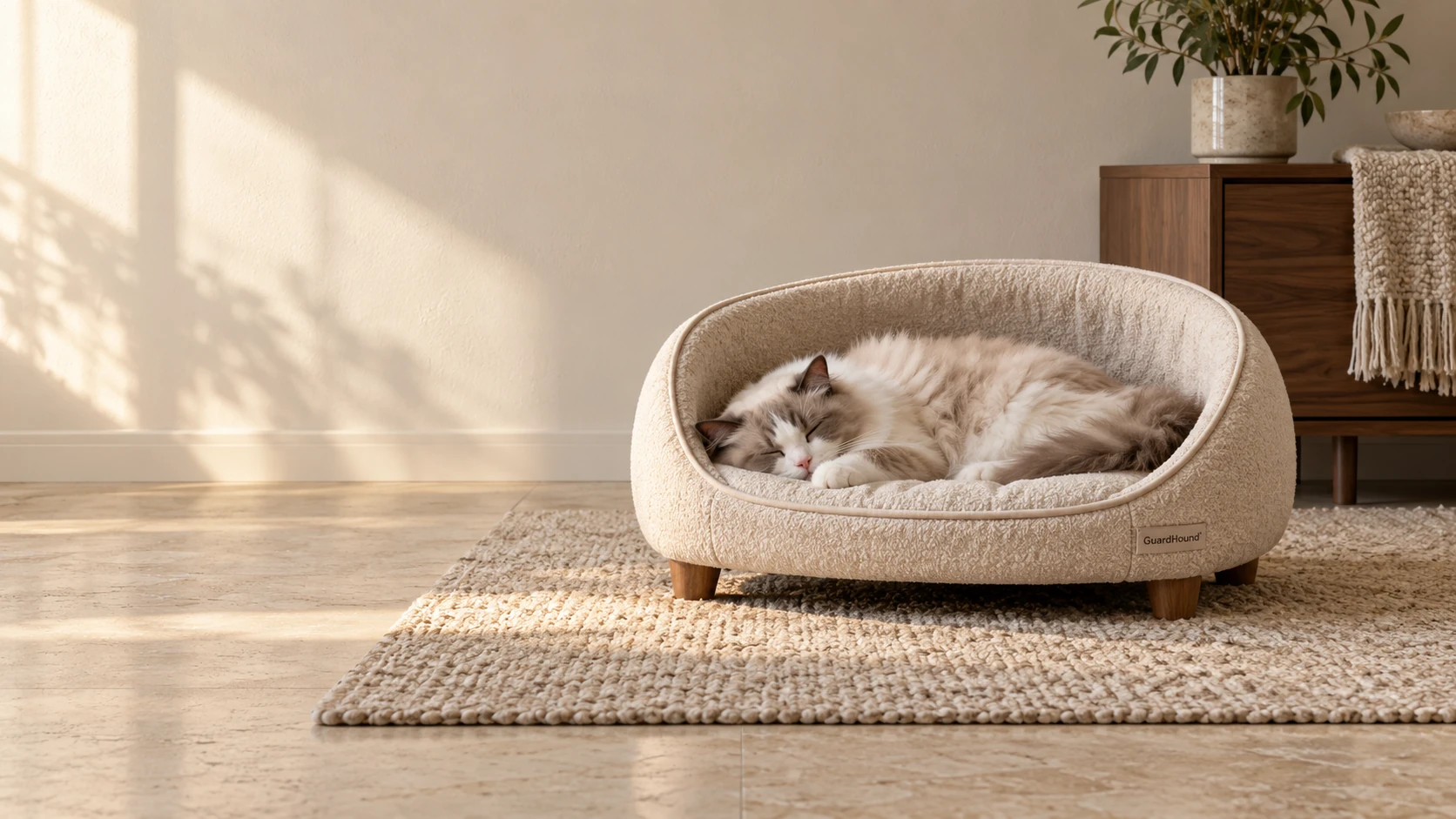 午后暖光里，长毛猫在低矮半围合的燕麦色猫窝中沉睡