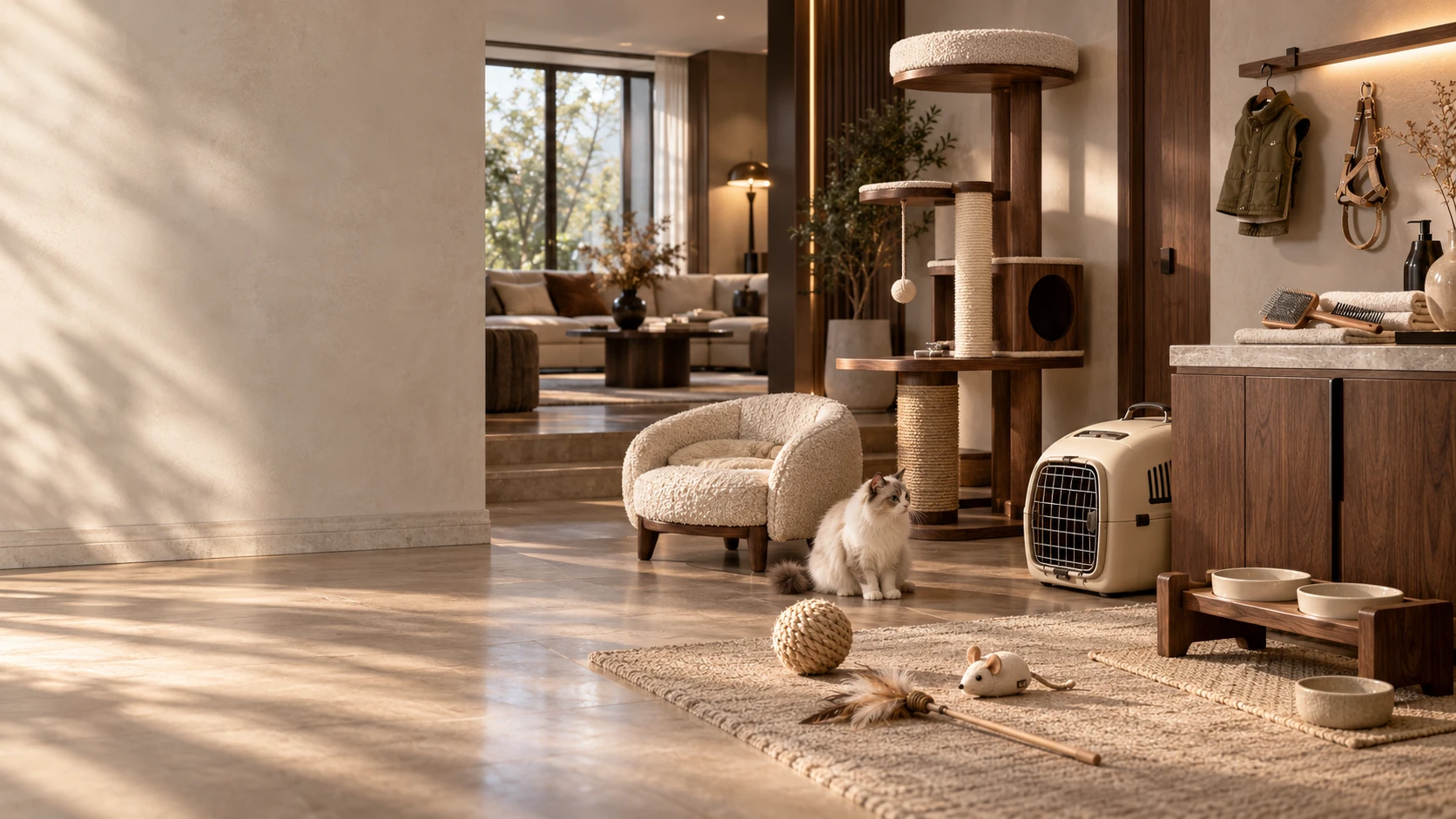现代轻奢住宅中 PET ESSENTIALS 七大用品家族自然分布：布艺猫窝、胡桃木猫家具、硬壳航空箱、天然玩具、护理梳具、陶瓷碗木架与宠物外套胸背