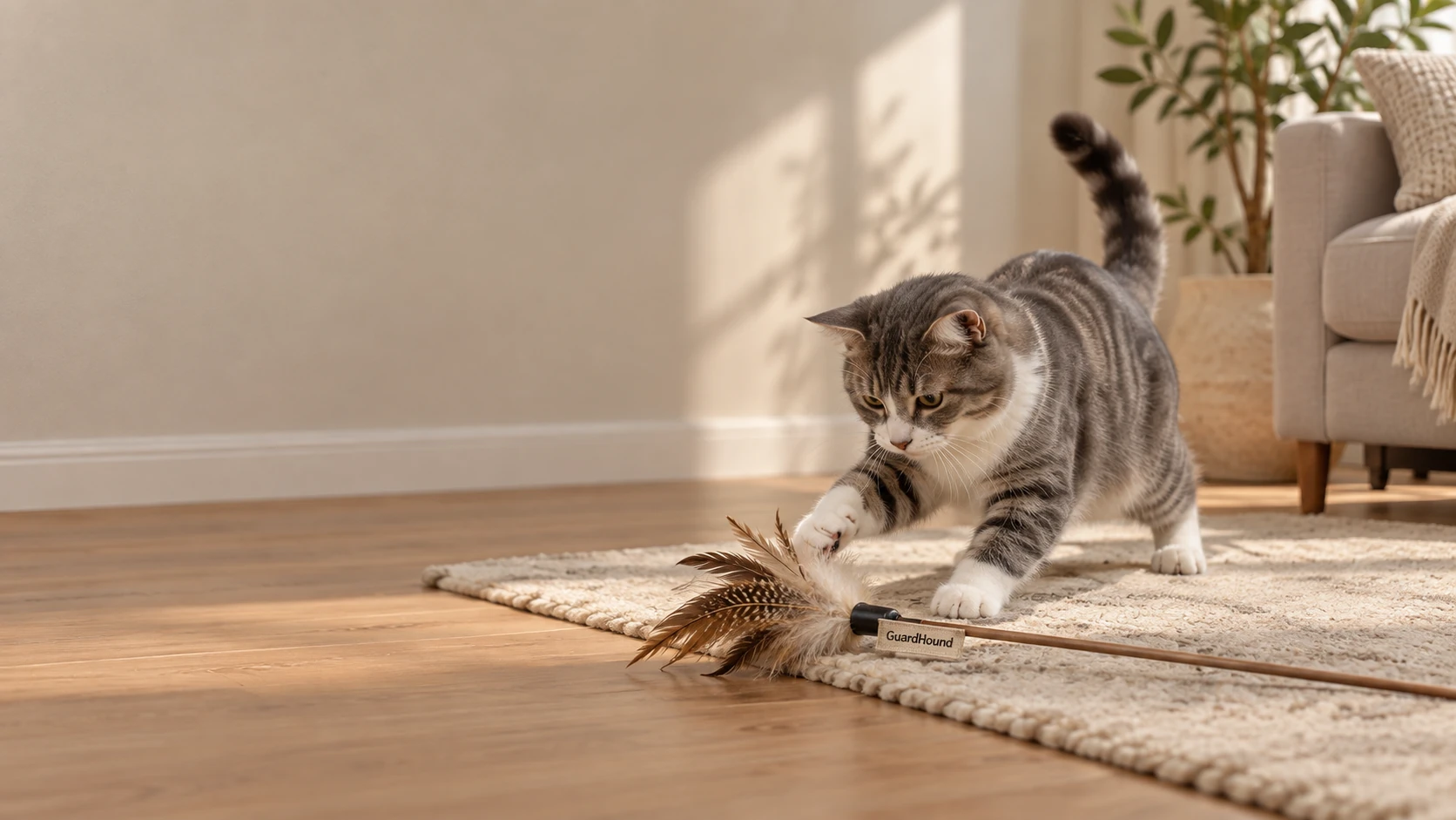 午后客厅，猫扑向一支羽毛逗猫棒，玩耍的快乐一刻