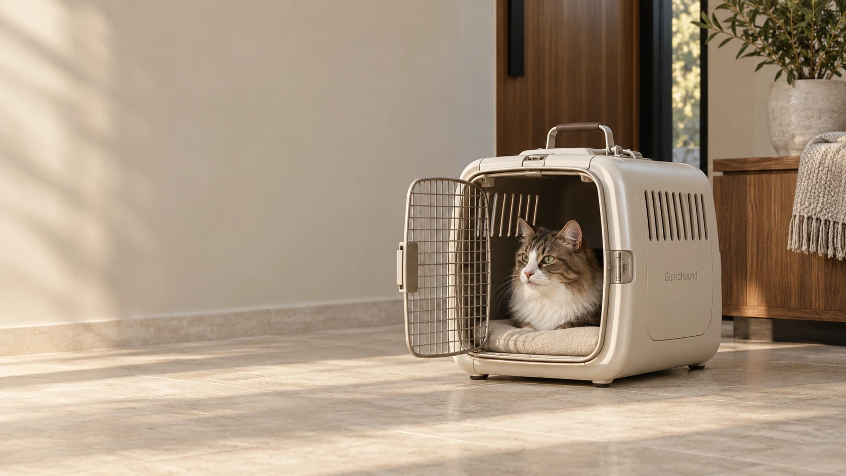午后玄关，猫安静伏在奶白硬壳航空箱内，出发前的安稳一刻
