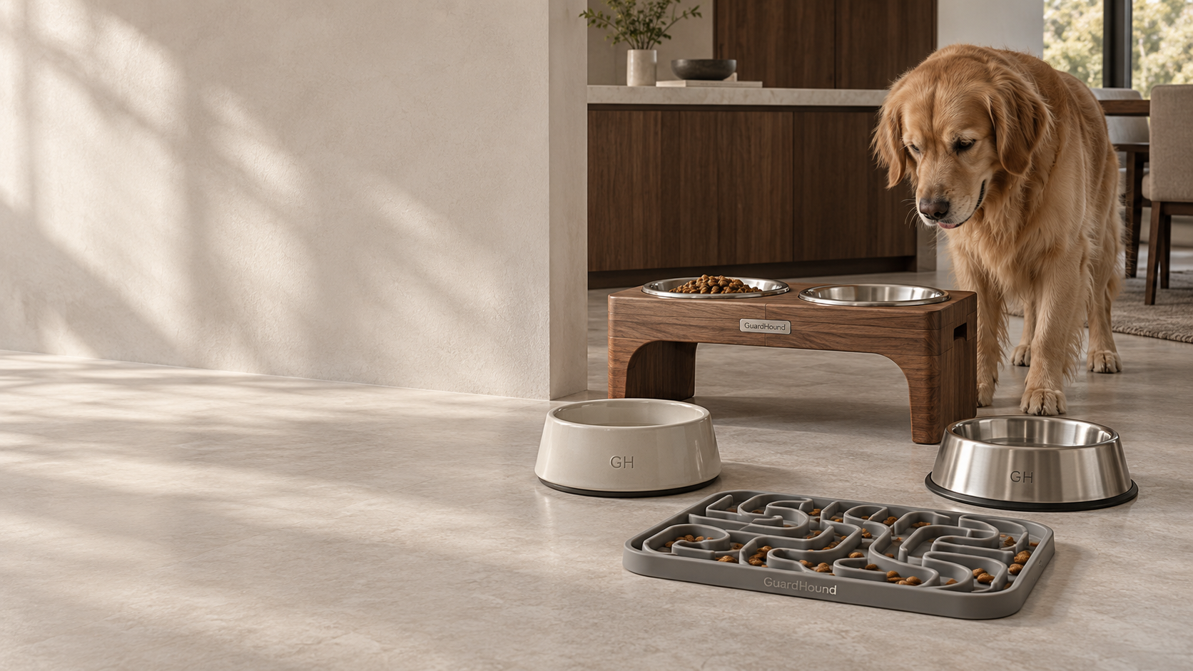 GuardHound 犬用餐饮器具场景：陶瓷狗碗、不锈钢狗碗、实木升高双碗架与慢食藏食垫