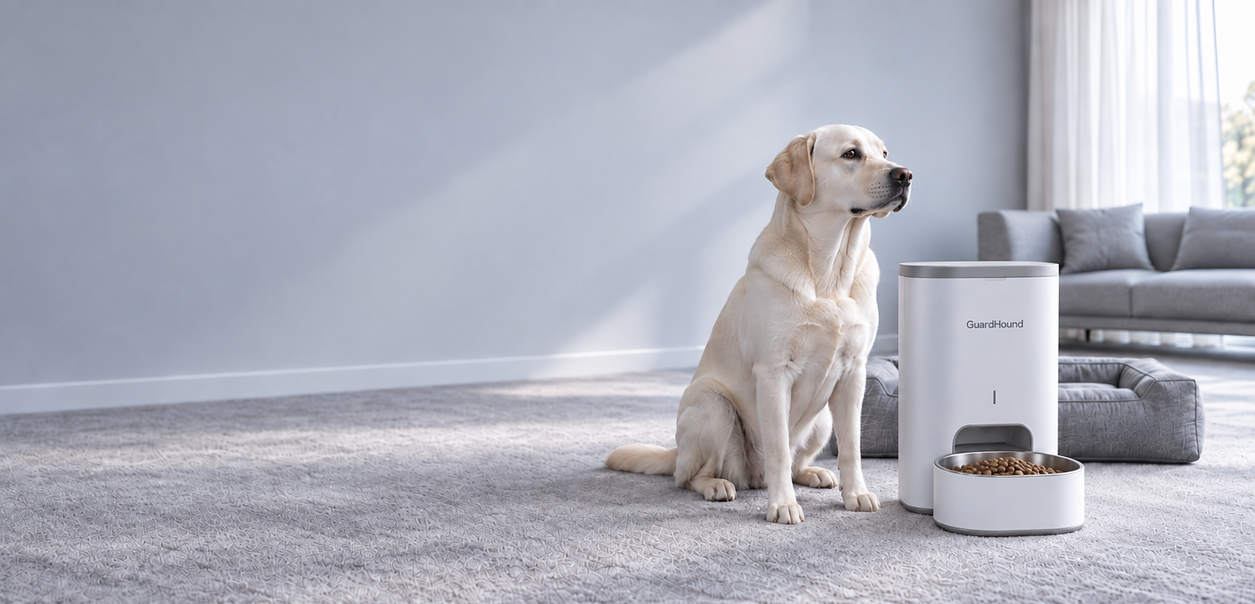 现代住宅场景中的智能与日常犬用产品与一只安静的犬