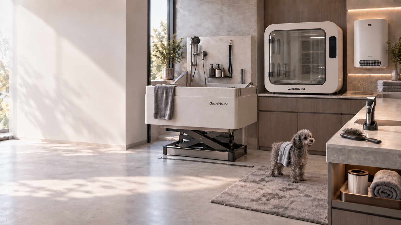GuardHound 智能犬用清洁护理系统 · 住宅洗护场景：智能洗护台与浴缸、智能烘干箱、壁挂空气清洁设备、毛发修剪梳理工具与清洁护理配件