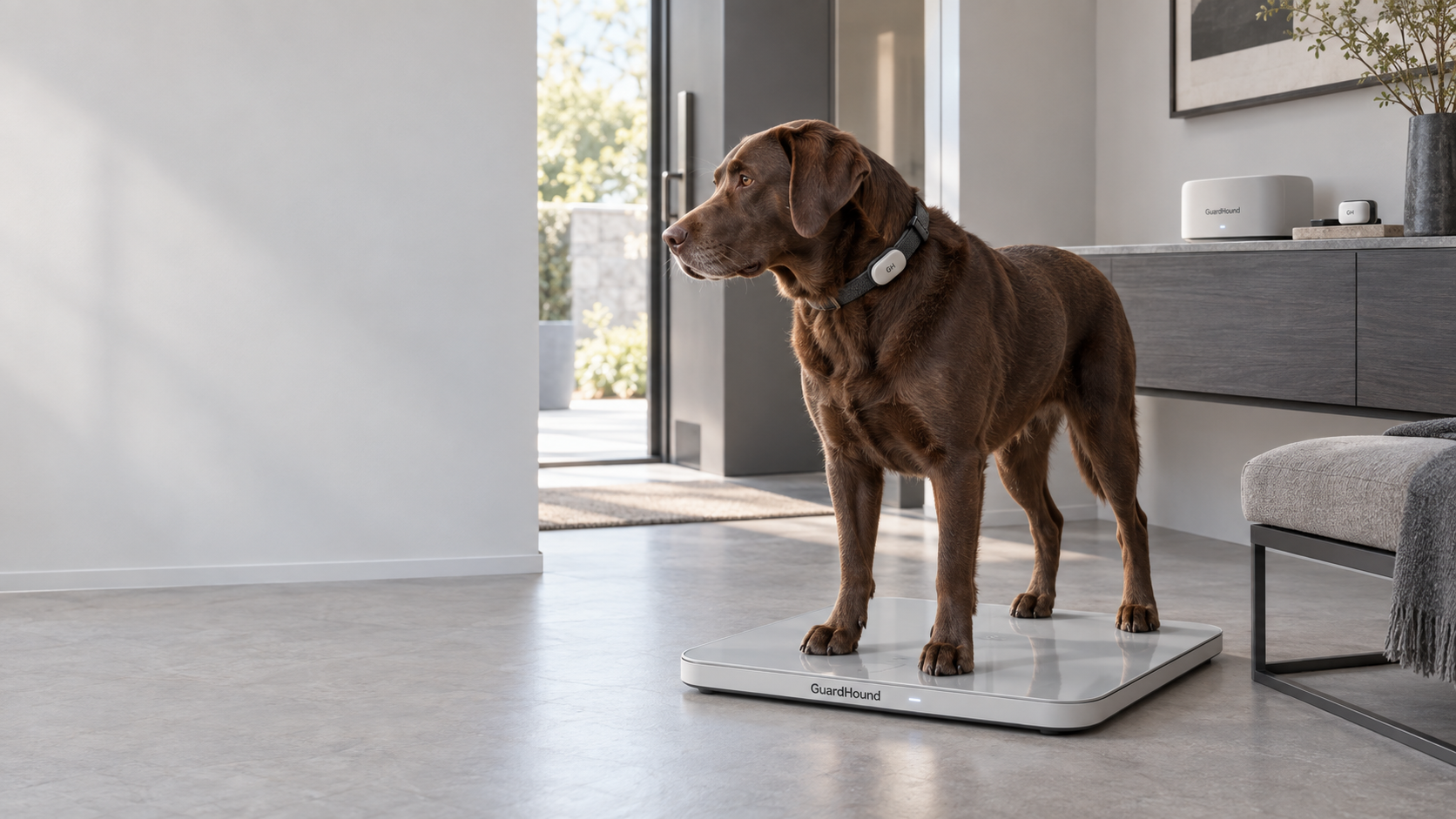 GuardHound 智能犬用健康与活动场景：现代住宅玄关，一只巧克力色拉布拉多犬自然站上印有 GuardHound 标识的智能体重秤，颈部佩戴 GH 活动追踪模块，侧柜上放置 GuardHound 家庭 Health Dock 与 GH 可穿戴同步模块，日常体重与活动数据在家庭场景中持续同步
