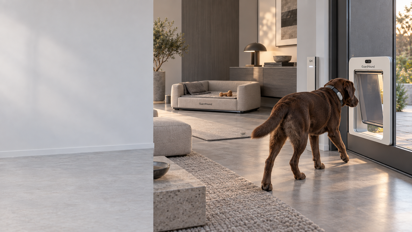 GuardHound 智能居住与通行场景 · 现代轻奢住宅：犬只经居家舒适区域走向智能宠物门，恒温与智能犬窝、居家舒适垫与室内分区通行权限设备同框