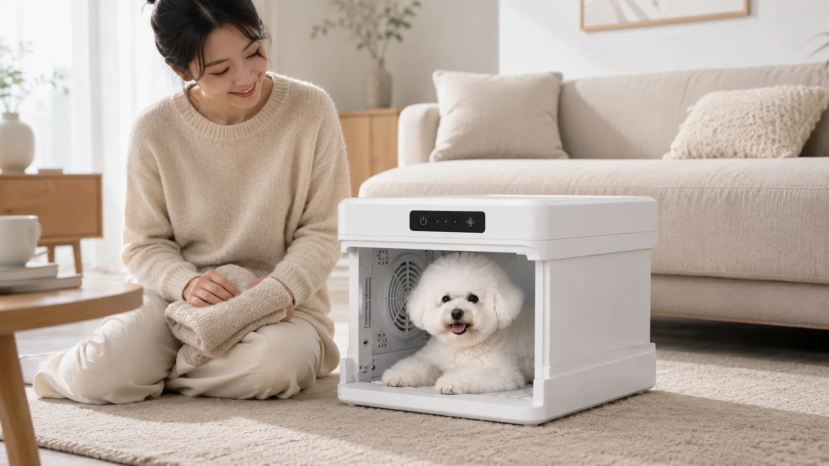 GuardHound 智能宠物烘干箱 · 清晨阳光下的烘干时刻 · GuardHound DOG