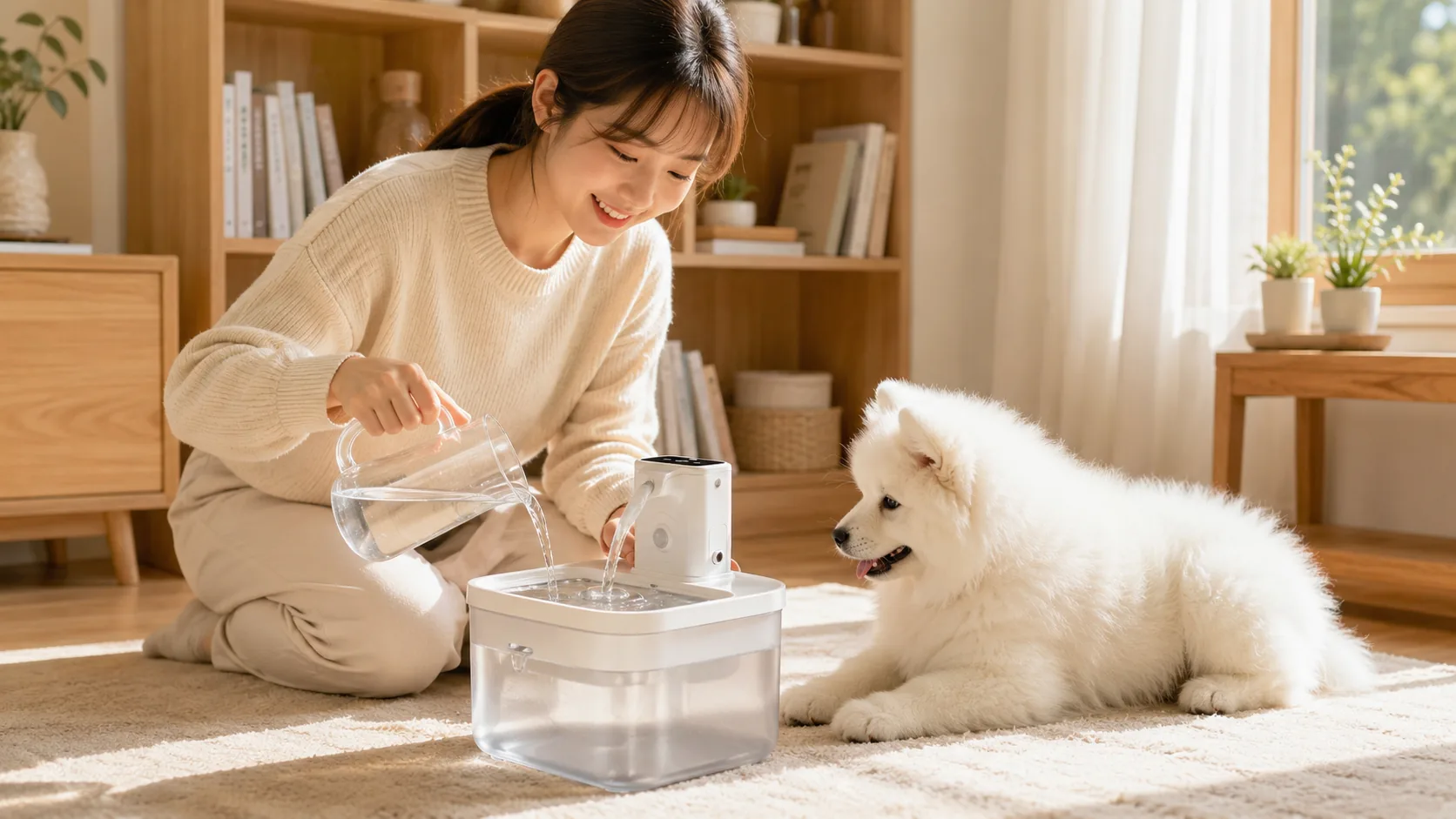 GuardHound 智能循环活水饮水机 · 清晨阳光下的开放式厨房 · GuardHound DOG