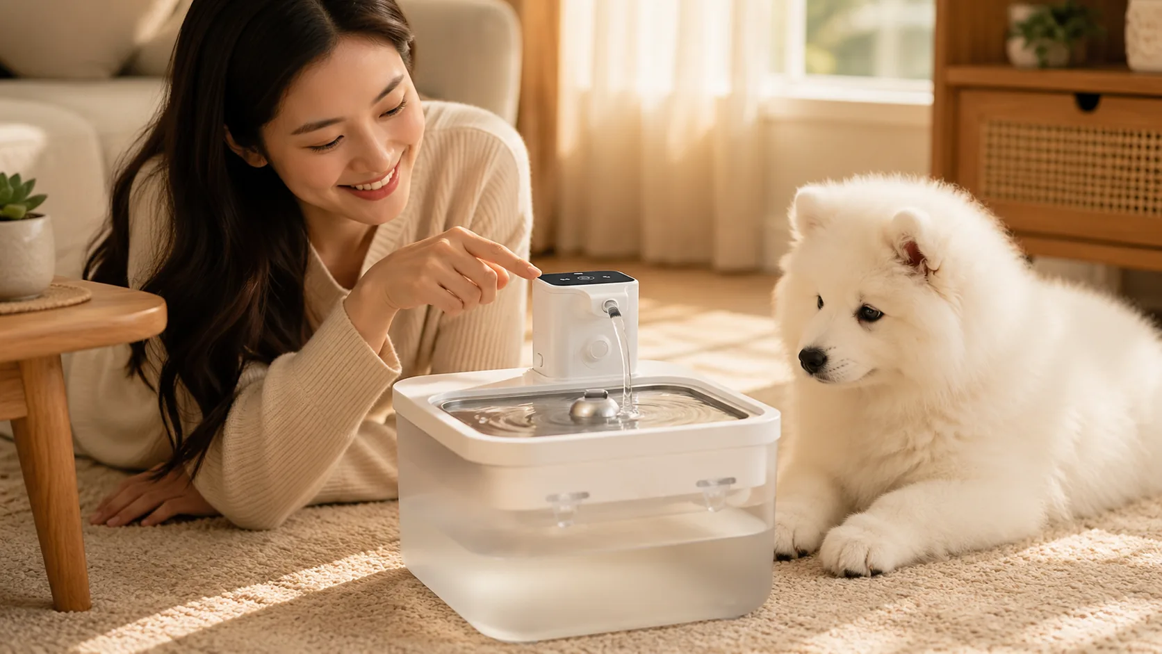 GuardHound 智能循环活水饮水机 · 深夜书房暖光下的陪伴 · GuardHound DOG