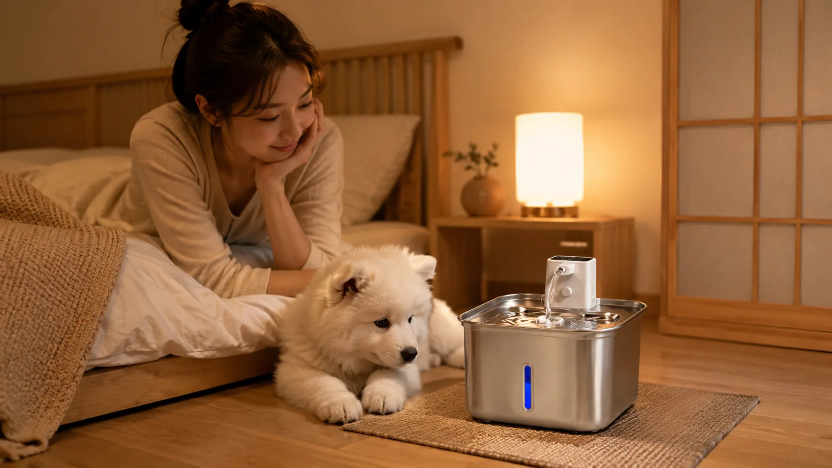 智能不锈钢宠物饮水机 · 客厅壁炉旁傍晚 · GuardHound DOG