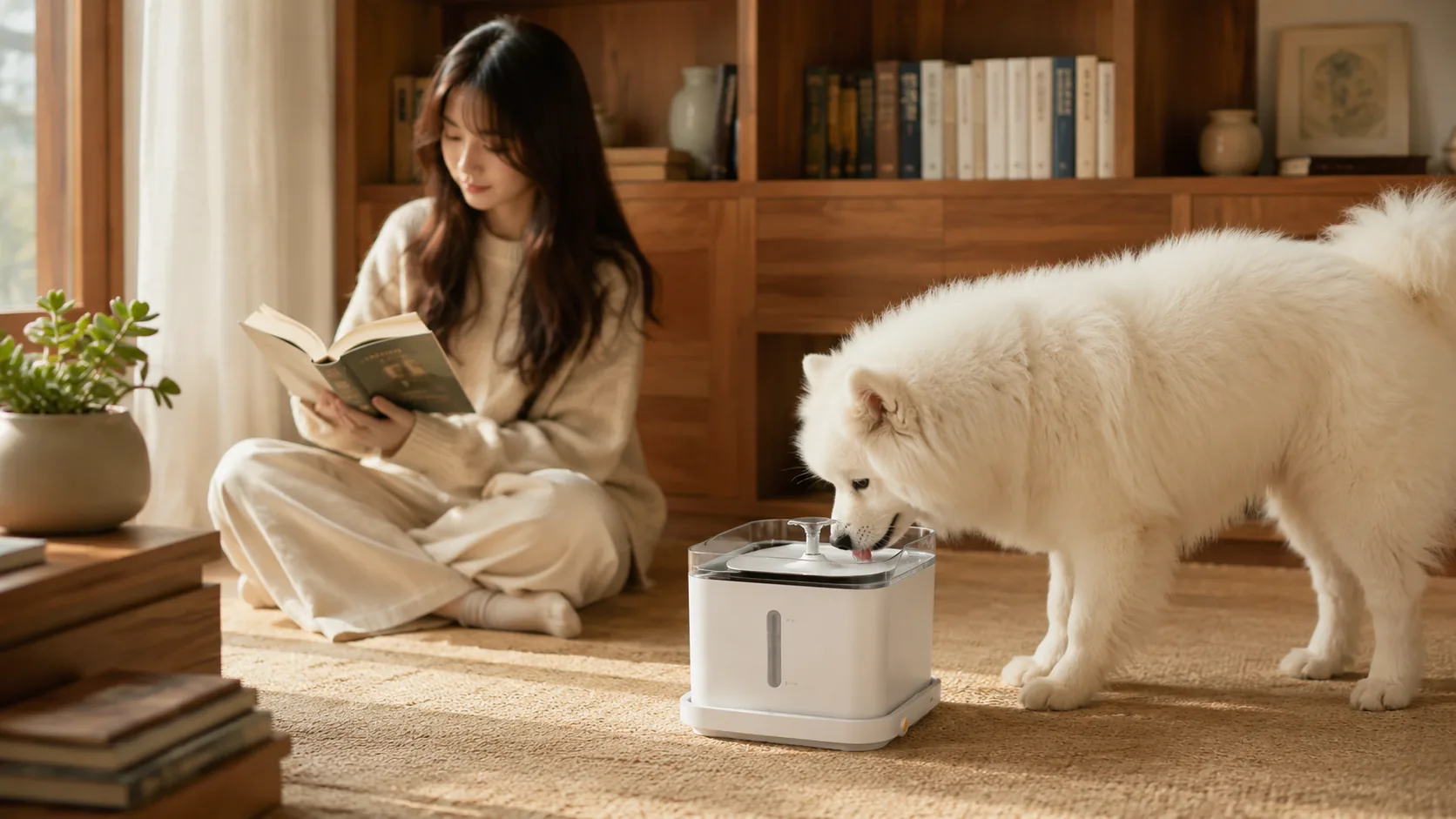 GuardHound 智能循环活氧饮水机 · 书房羊毛地毯温馨场景 · GuardHound DOG