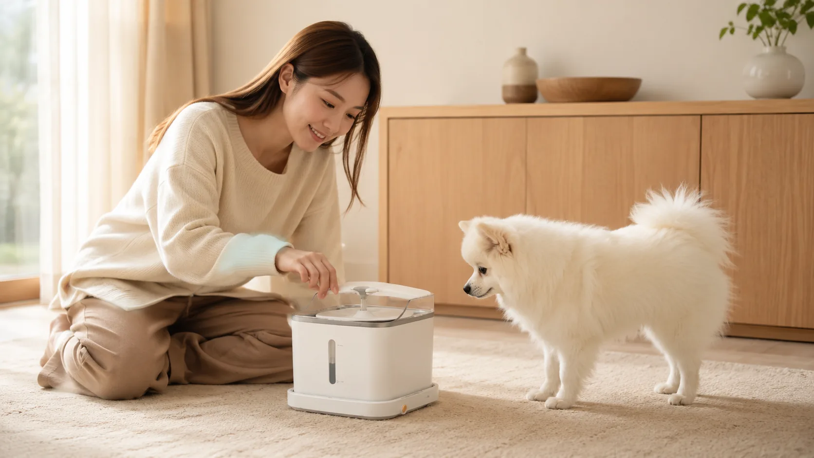 GuardHound 智能循环活氧饮水机 · 阳台绿植角落自然场景 · GuardHound DOG