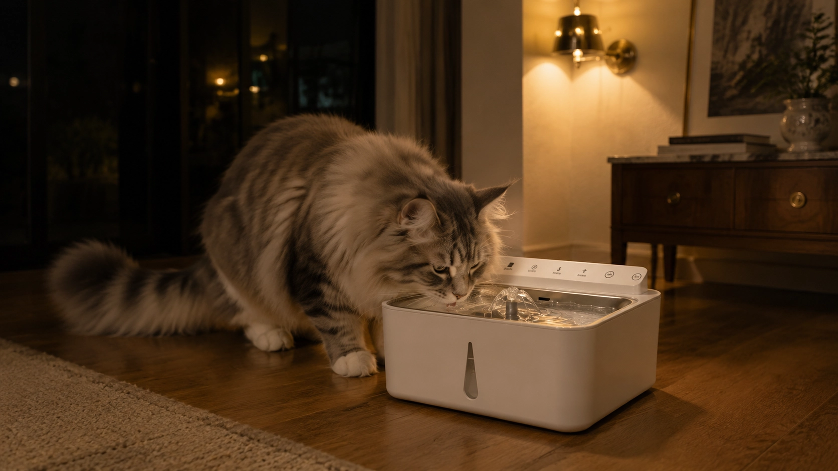 智能循环活水机 · 夜晚缅因猫的静谧饮水 · GuardHound