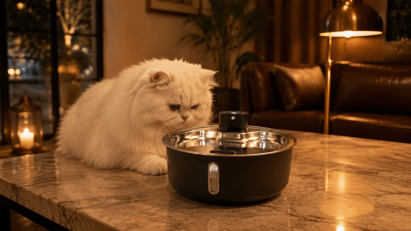 炫彩杀菌不锈钢智能饮水机 · 夜晚书房中的波斯猫 · GuardHound