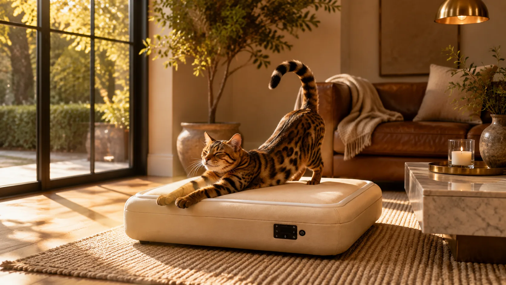 智能恒温宠物窝垫 · 午后金辉下的孟加拉豹猫 · GuardHound