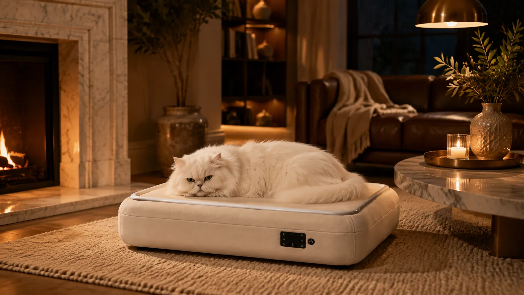 智能恒温宠物窝垫 · 夜晚暖光中的波斯猫 · GuardHound