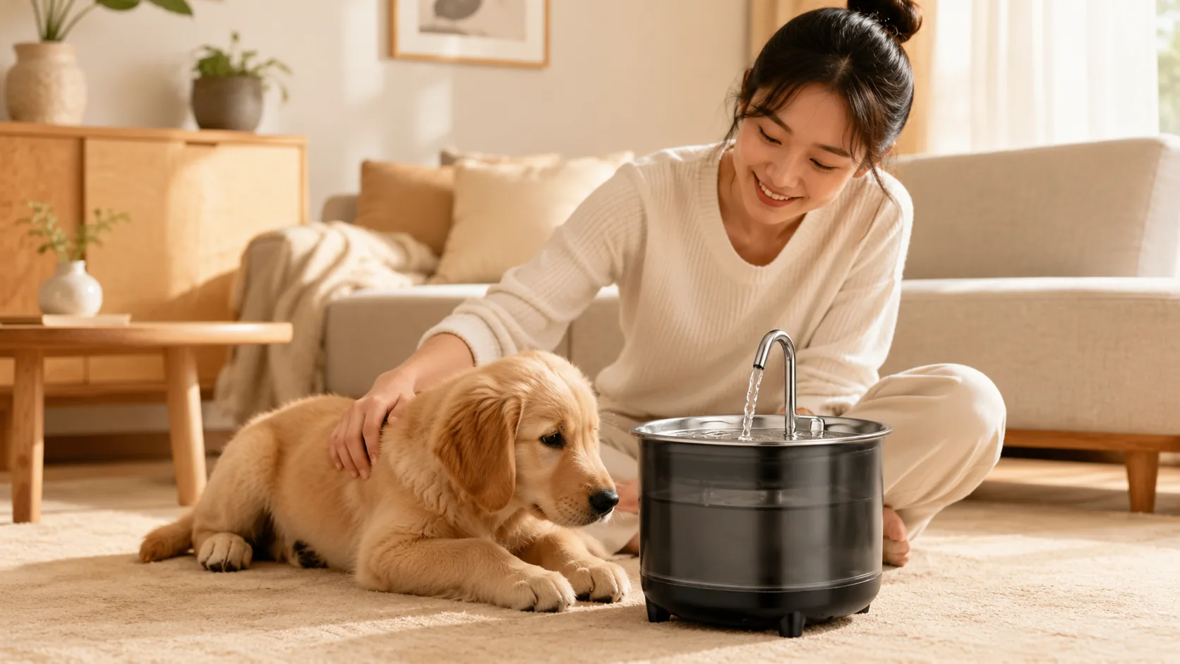 GuardHound 不锈钢循环活水饮水机 · 客厅落地窗前·午后 · GuardHound DOG