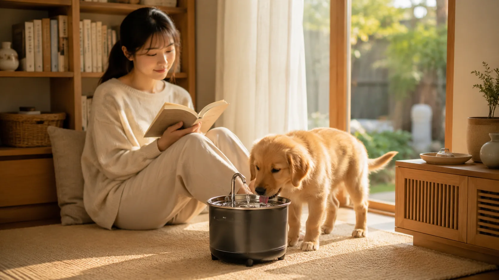 GuardHound 不锈钢循环活水饮水机 · 书房羊毛地毯上·黄昏 · GuardHound DOG