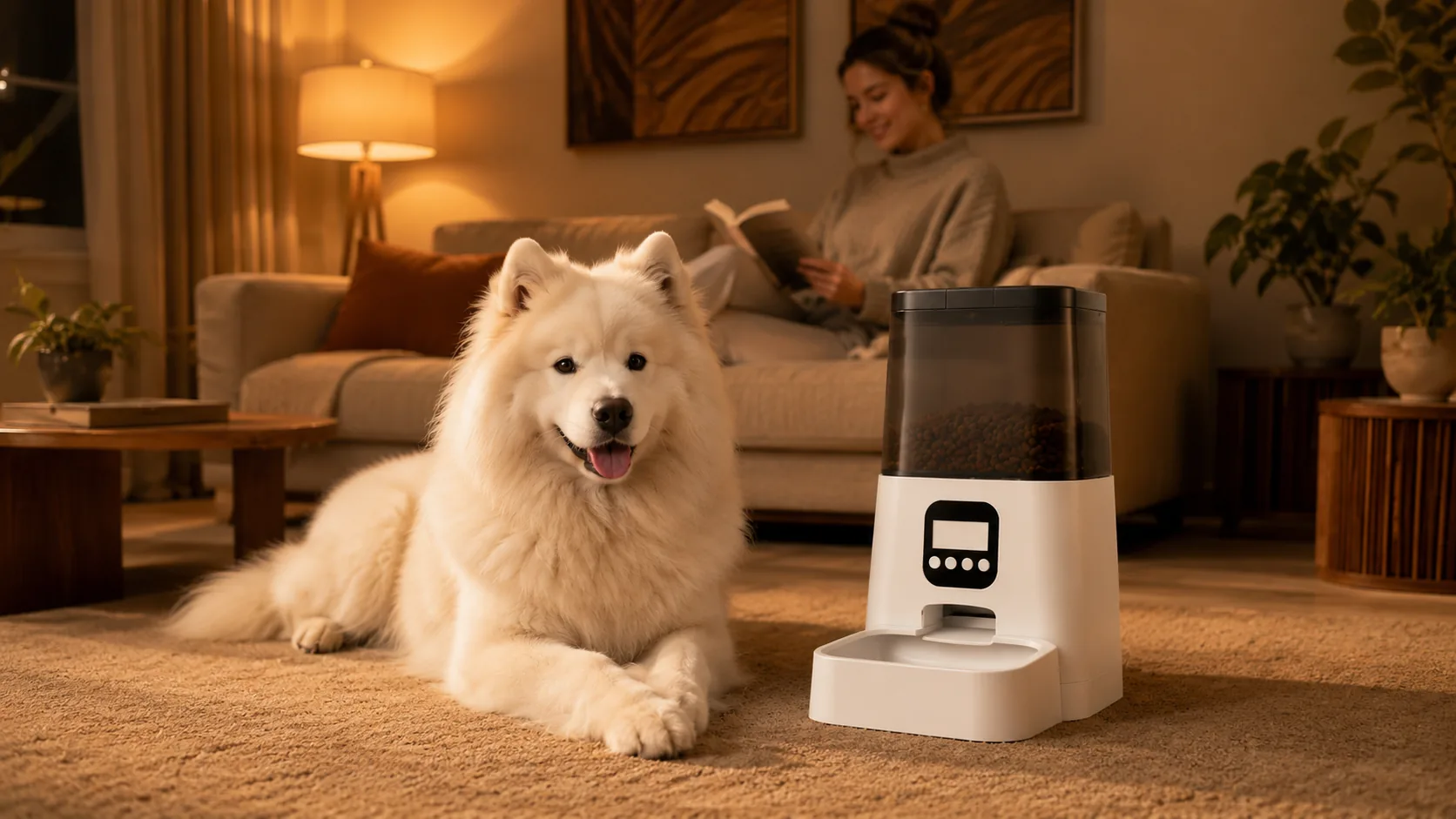 智能定时定量宠物喂食器 · 卧室温馨夜晚 · GuardHound DOG