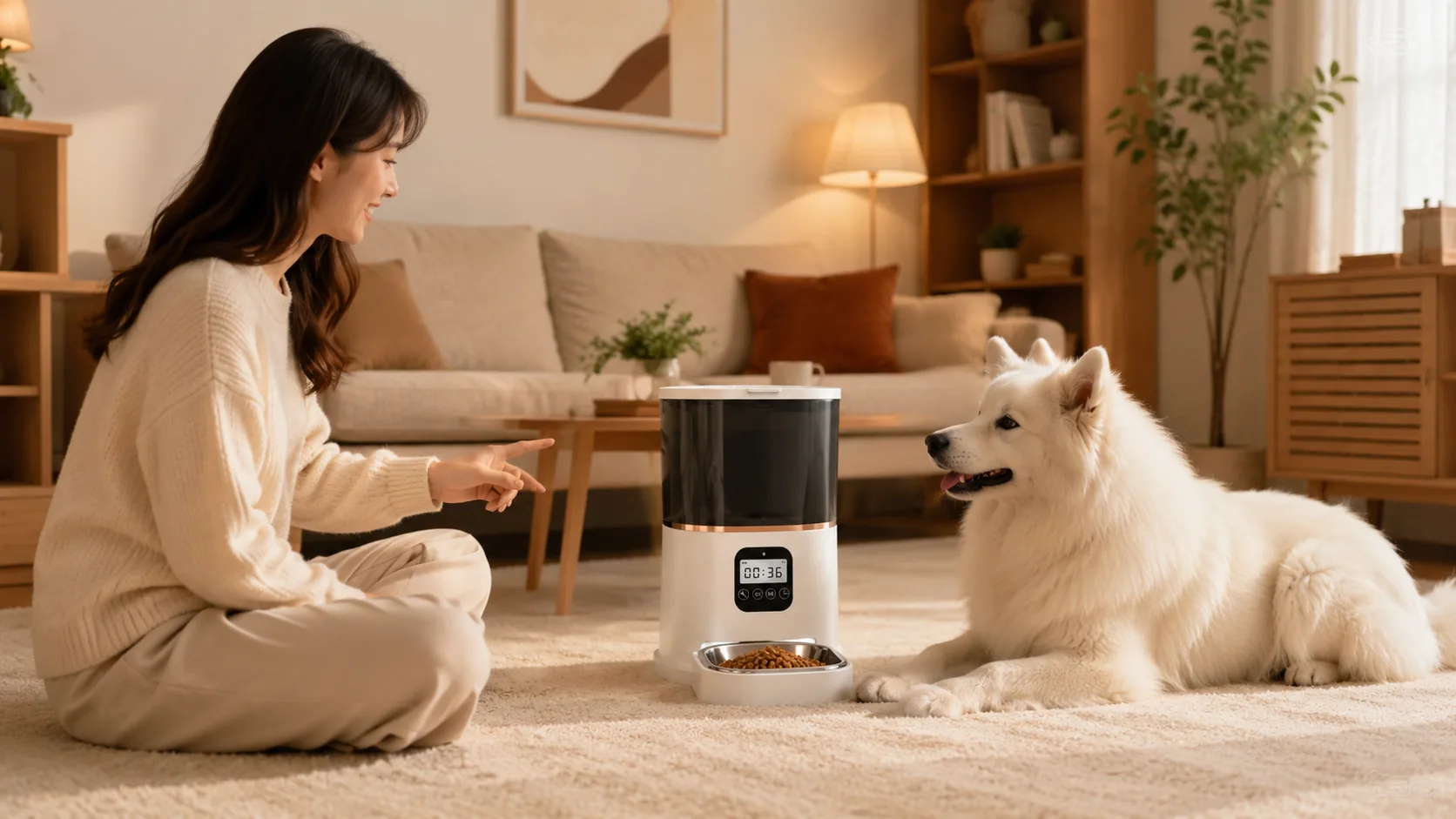 智能双碗宠物喂食器 · 清晨阳光下的早餐时光 · GuardHound DOG