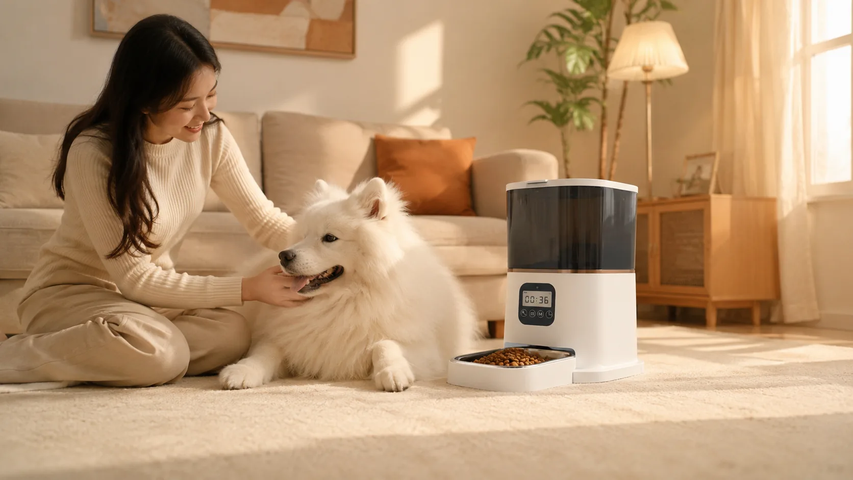 智能双碗宠物喂食器 · 夜晚温馨的喂食仪式 · GuardHound DOG