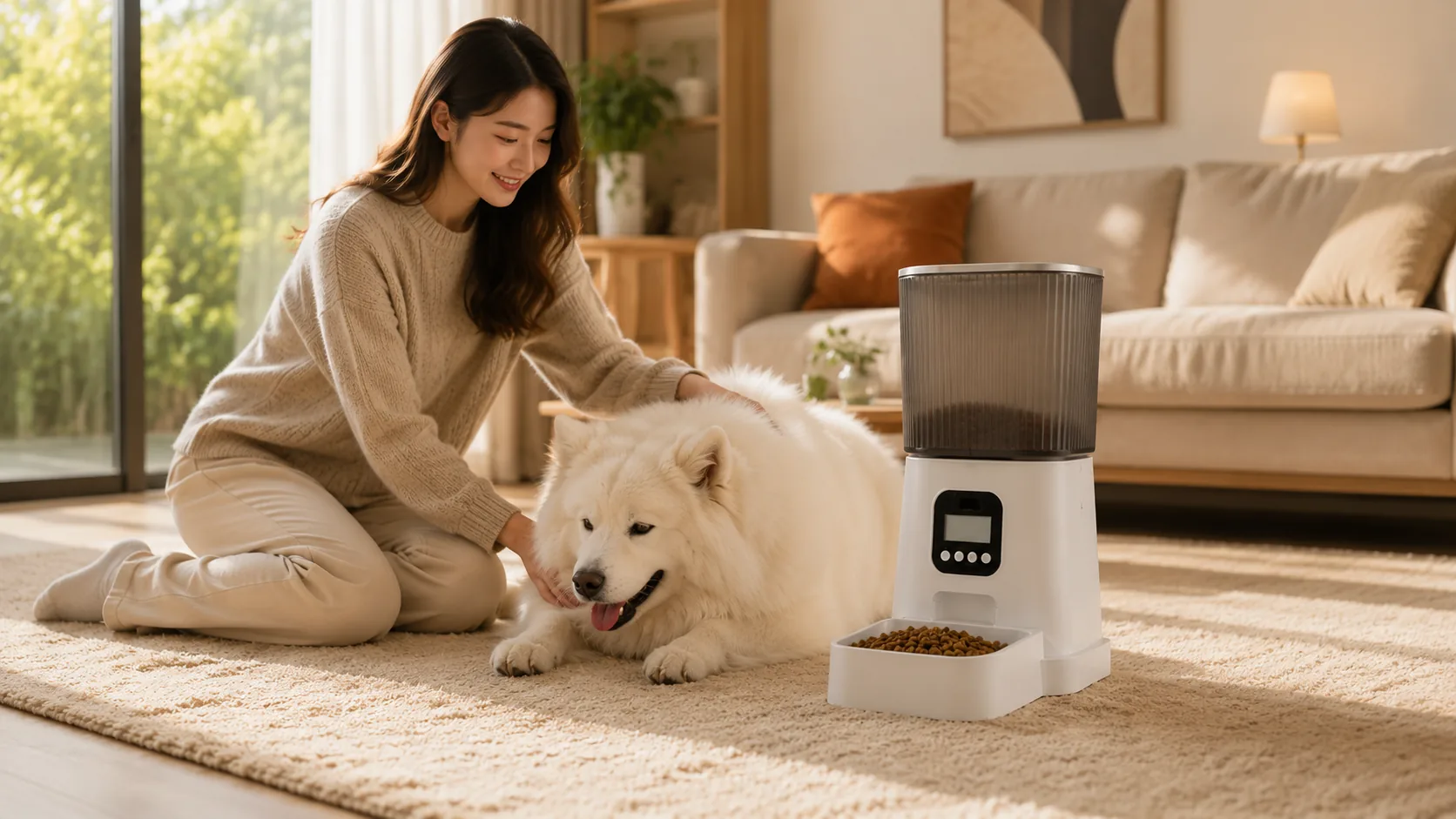 智能宠物喂食器 · 清晨阳光下的智能喂食 · GuardHound DOG