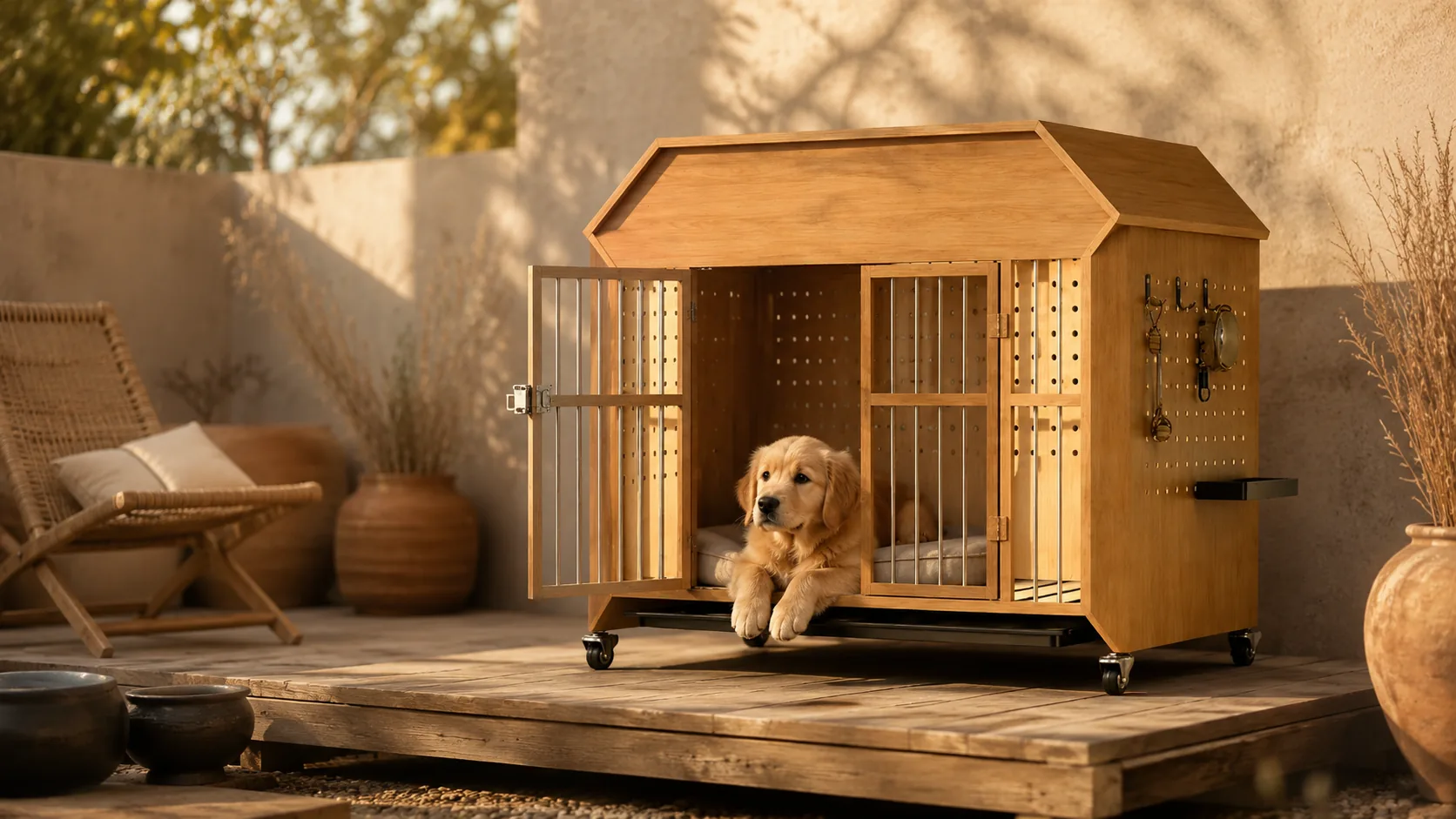 实木小屋式带轮宠物笼 · GuardHound DOG