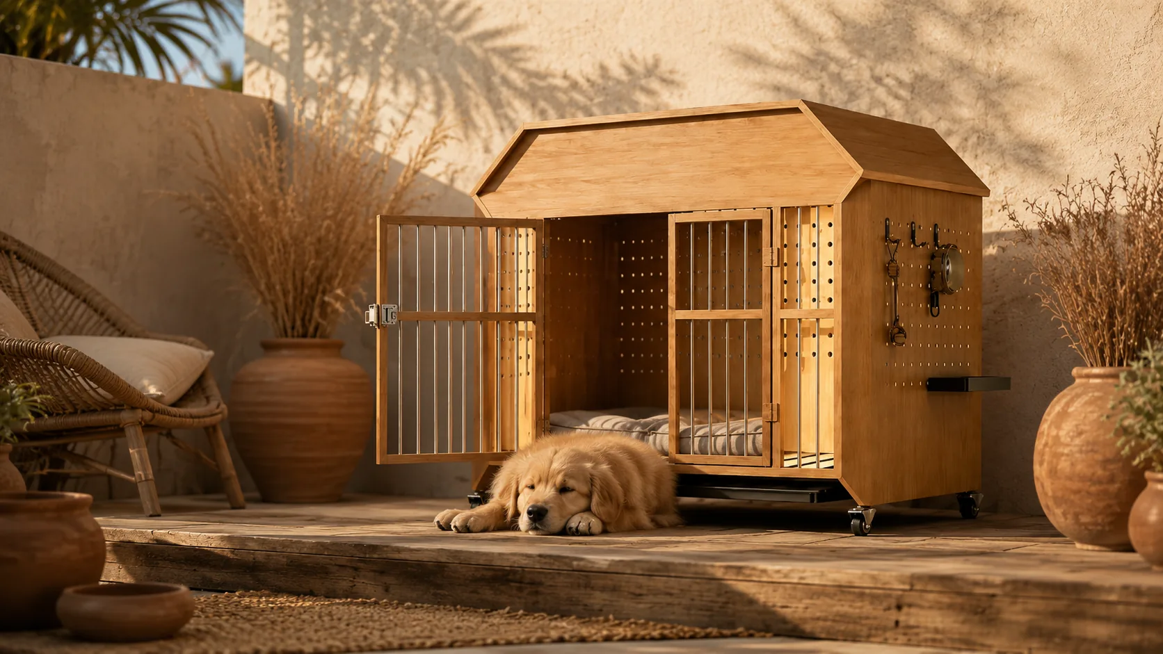 实木小屋式带轮宠物笼 · 小屋造型融 · GuardHound DOG
