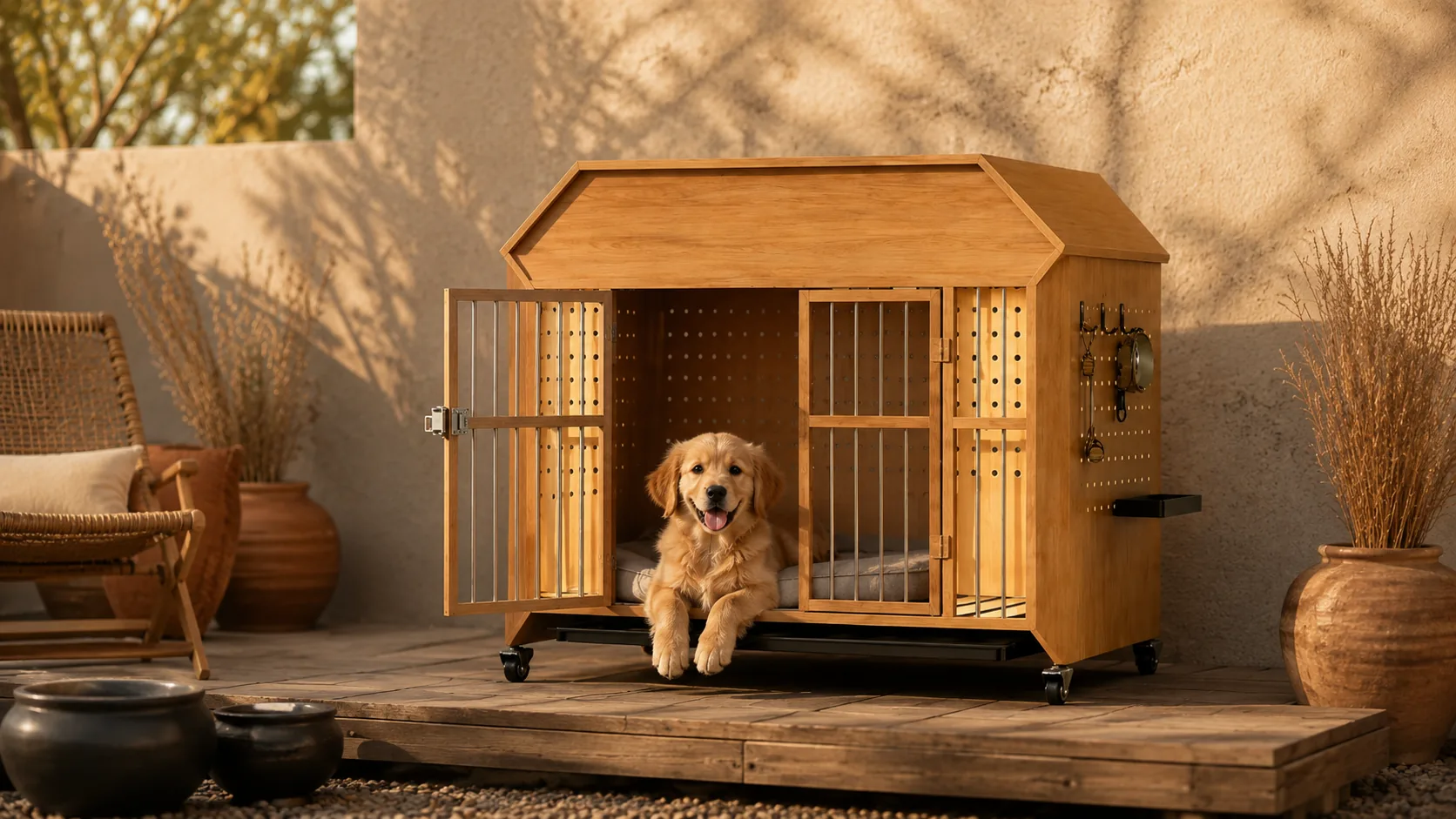 实木小屋式带轮宠物笼 · 栅栏门通风 · GuardHound DOG
