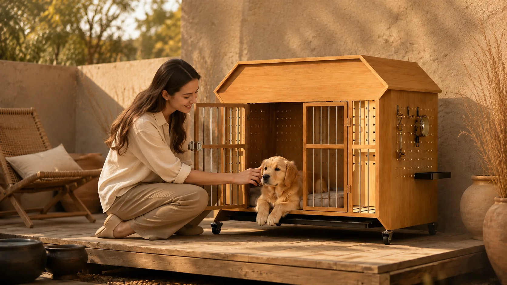 实木小屋式带轮宠物笼 · 客厅温馨午后 · GuardHound DOG