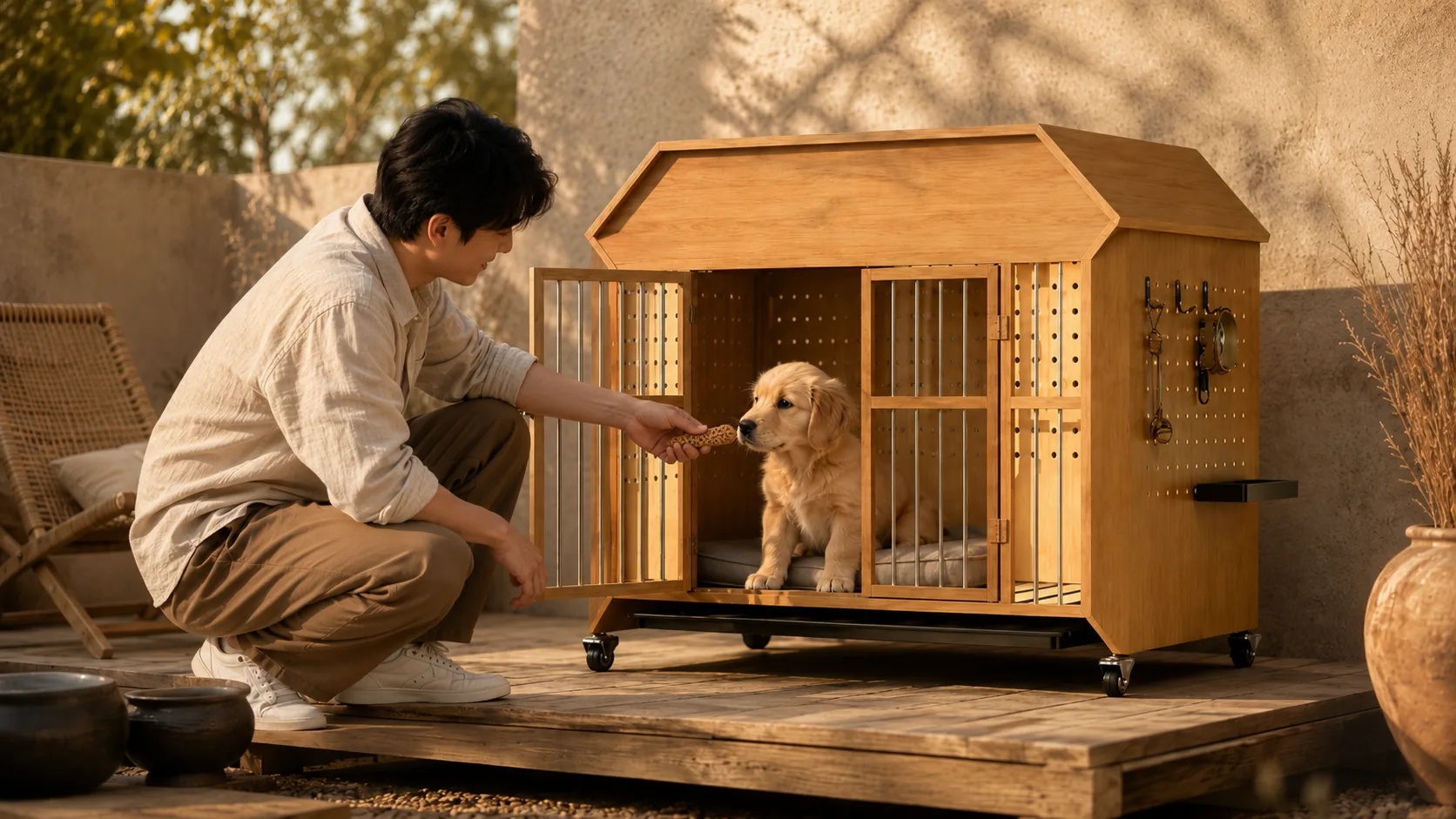 实木小屋式带轮宠物笼 · 开放式厨房清晨 · GuardHound DOG