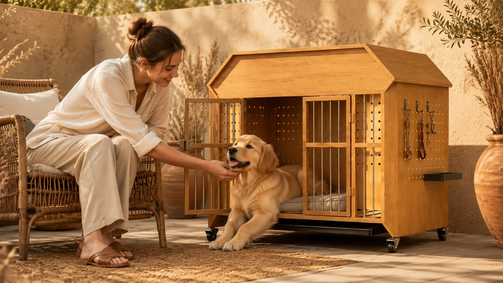 实木小屋式带轮宠物笼 · 书房宁静夜晚 · GuardHound DOG