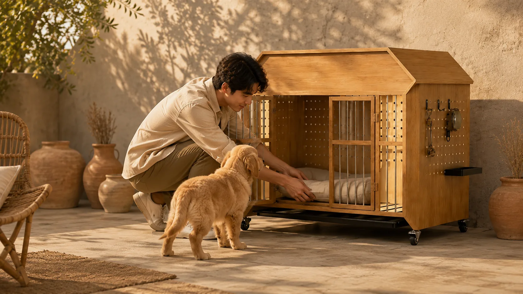 实木小屋式带轮宠物笼 · 玄关优雅入口 · GuardHound DOG