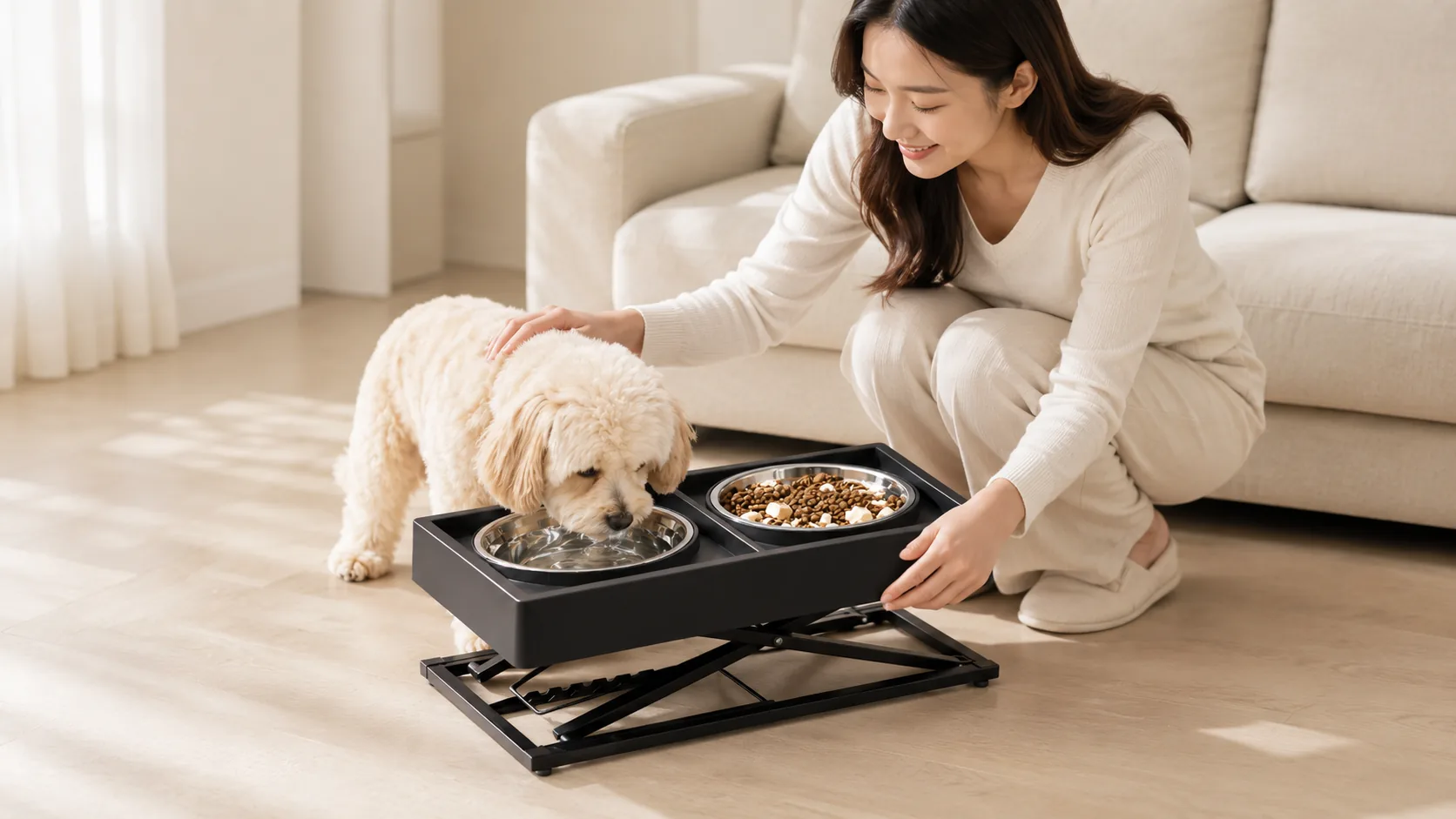 升降双碗喂食器 · 开放式厨房早餐场景 · GuardHound DOG