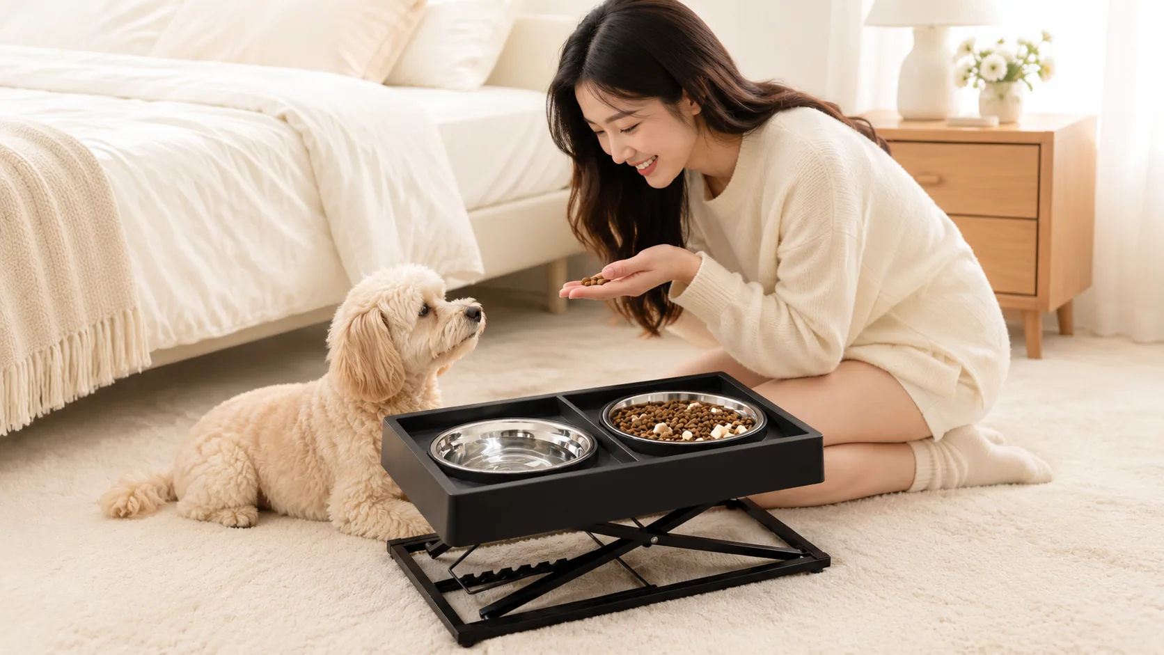 升降双碗喂食器 · 书房羊毛地毯上 · GuardHound DOG