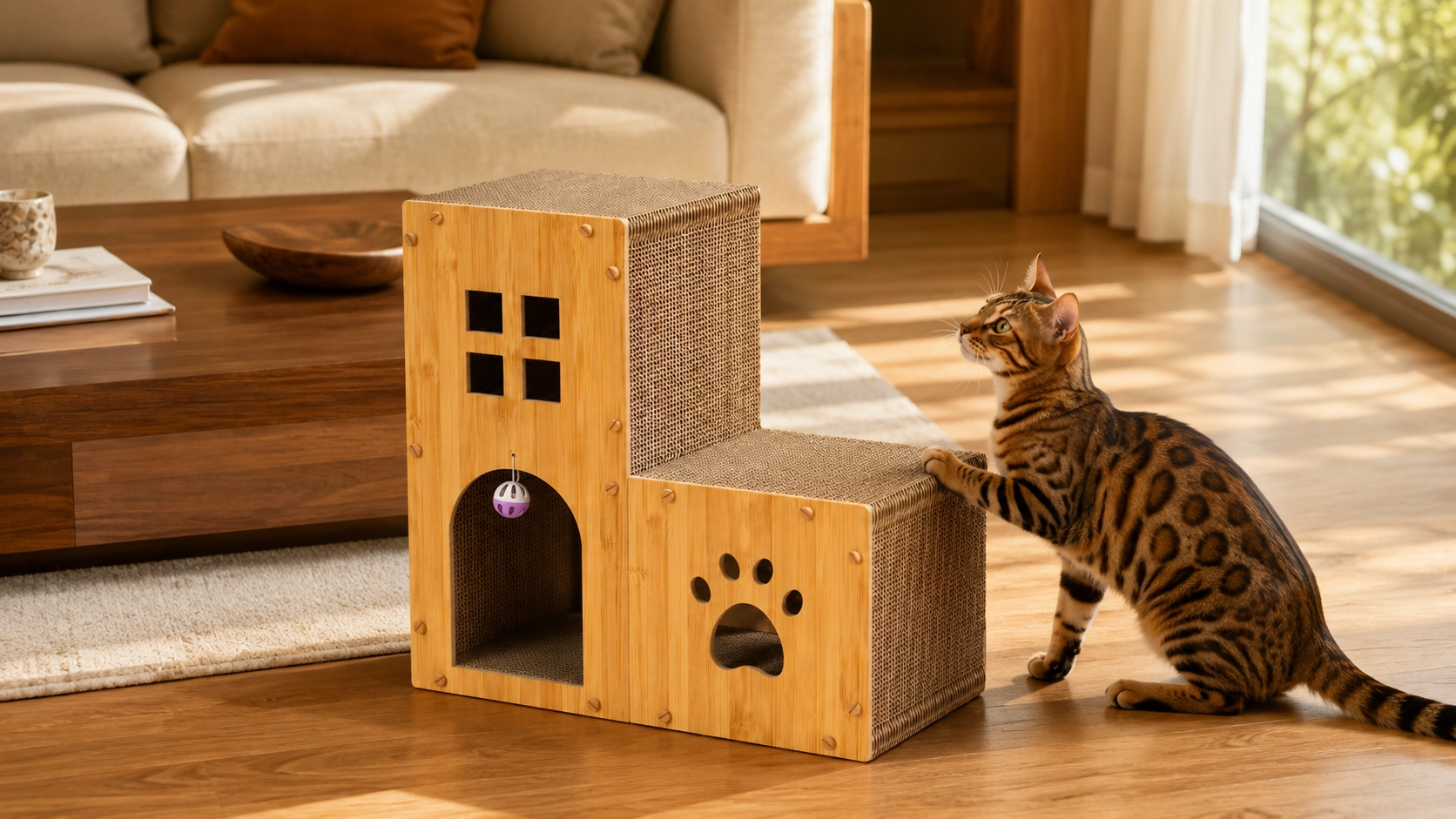 阶梯城堡猫抓板窝 · 午后金辉中的孟加拉豹猫 · GuardHound