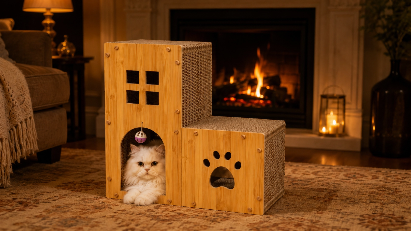 阶梯城堡猫抓板窝 · 夜晚暖光里的波斯猫 · GuardHound