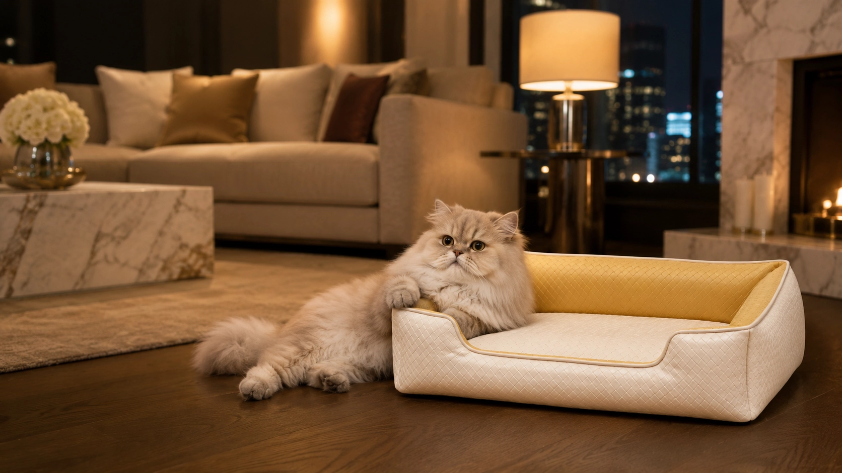 皮革菱形绗缝猫窝 · 夜晚温馨客厅猫窝 · GuardHound