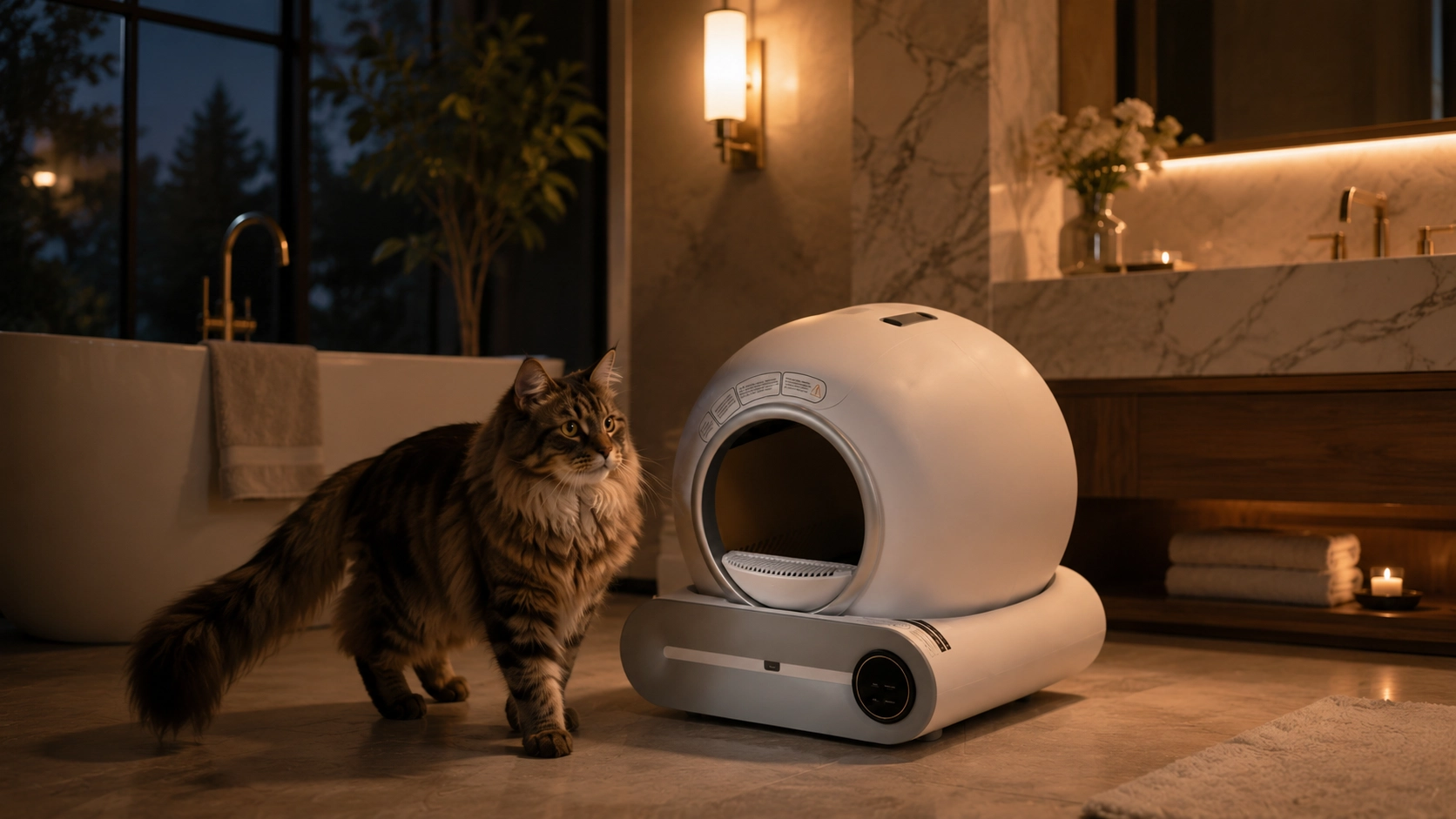 智能自清洁猫砂盆 · 夜晚浴室的缅因猫 · GuardHound