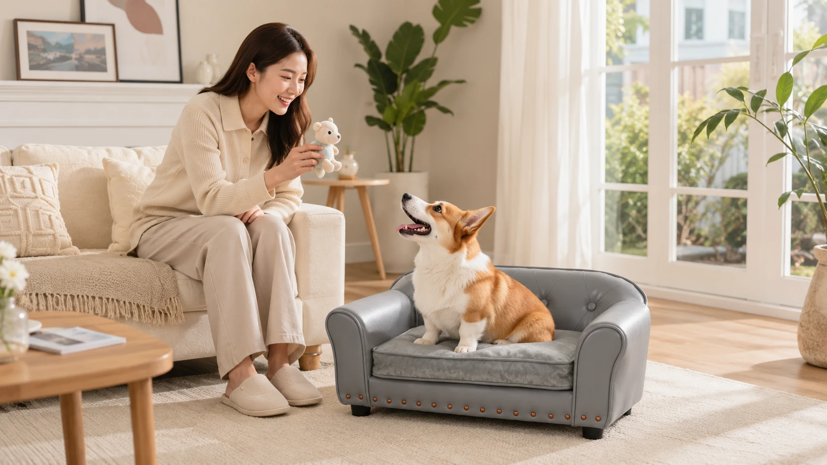 PU皮革沙发椅木质铜钉狗沙发床 · 开放式厨房的早餐时光 · GuardHound DOG