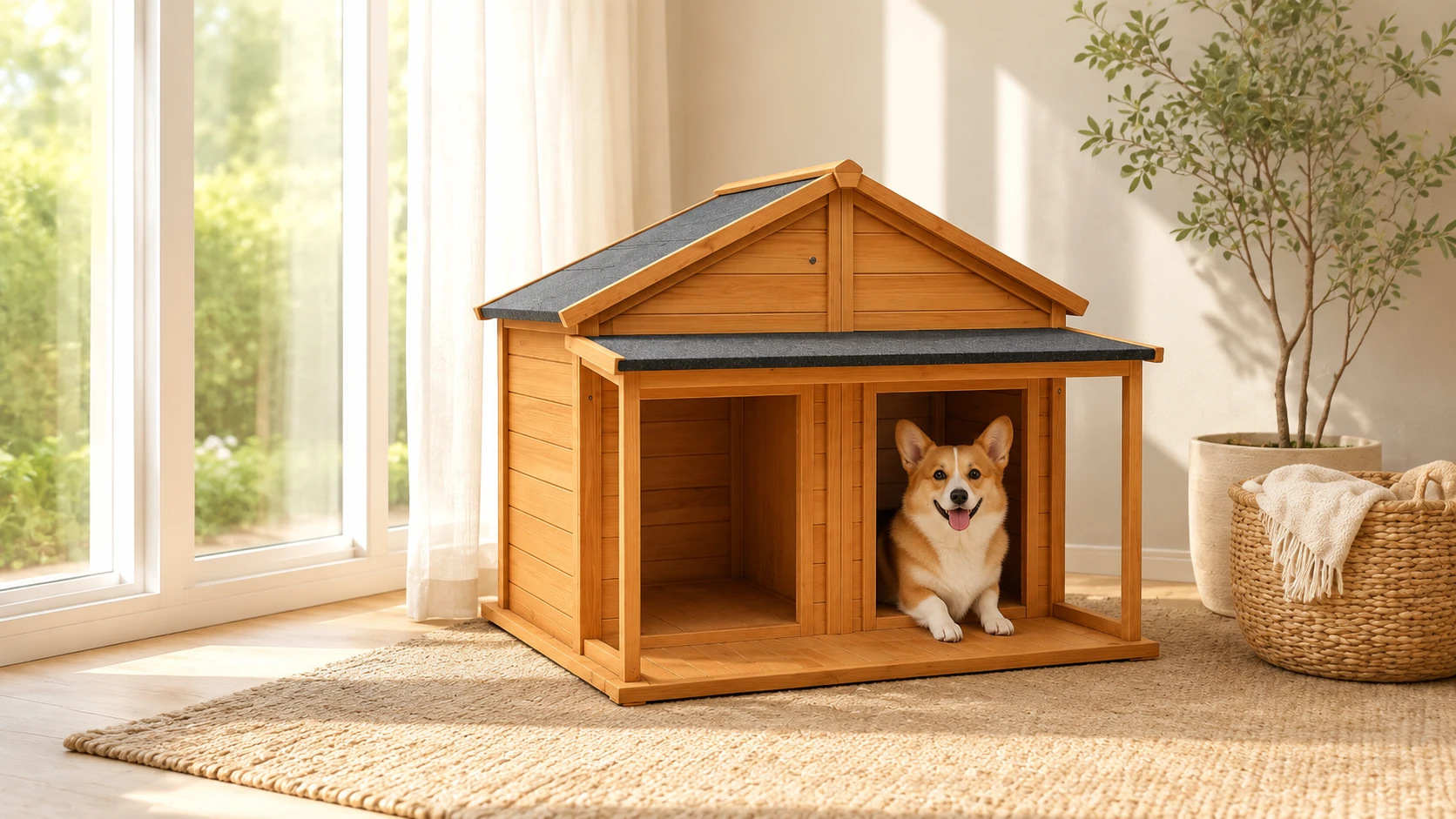 实木双隔间防雨水宠物屋 · 双隔间设计 · GuardHound DOG
