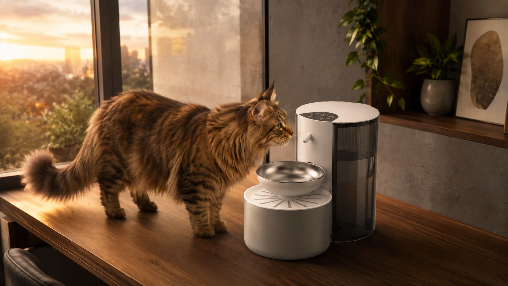 倾倒式不锈钢宠物饮水机 · 缅因猫黄昏水景 · GuardHound