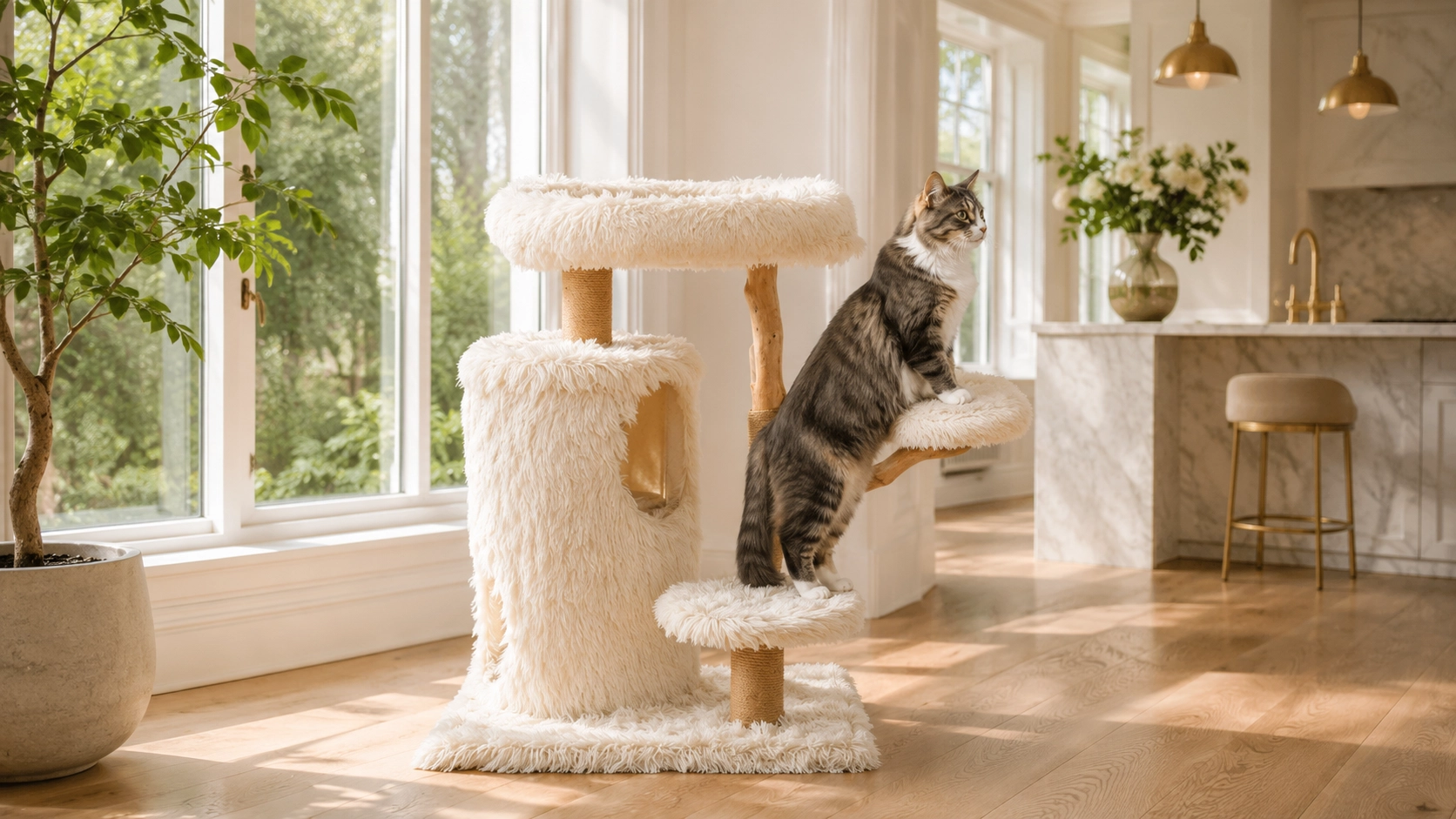 果木双层猫窝猫爬架 · 阳光绿植中的自然栖息地 · GuardHound