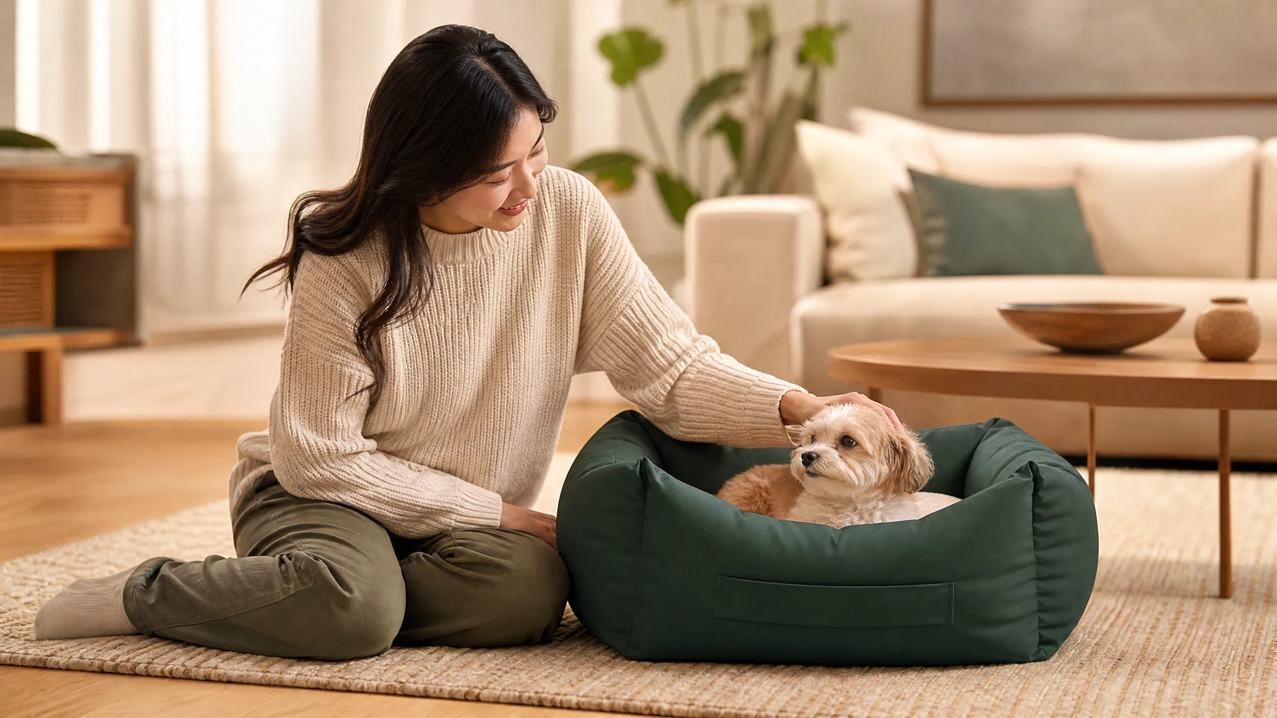 深绿圆润宠物睡床 · 晨光微露·德牧的守候 · GuardHound DOG