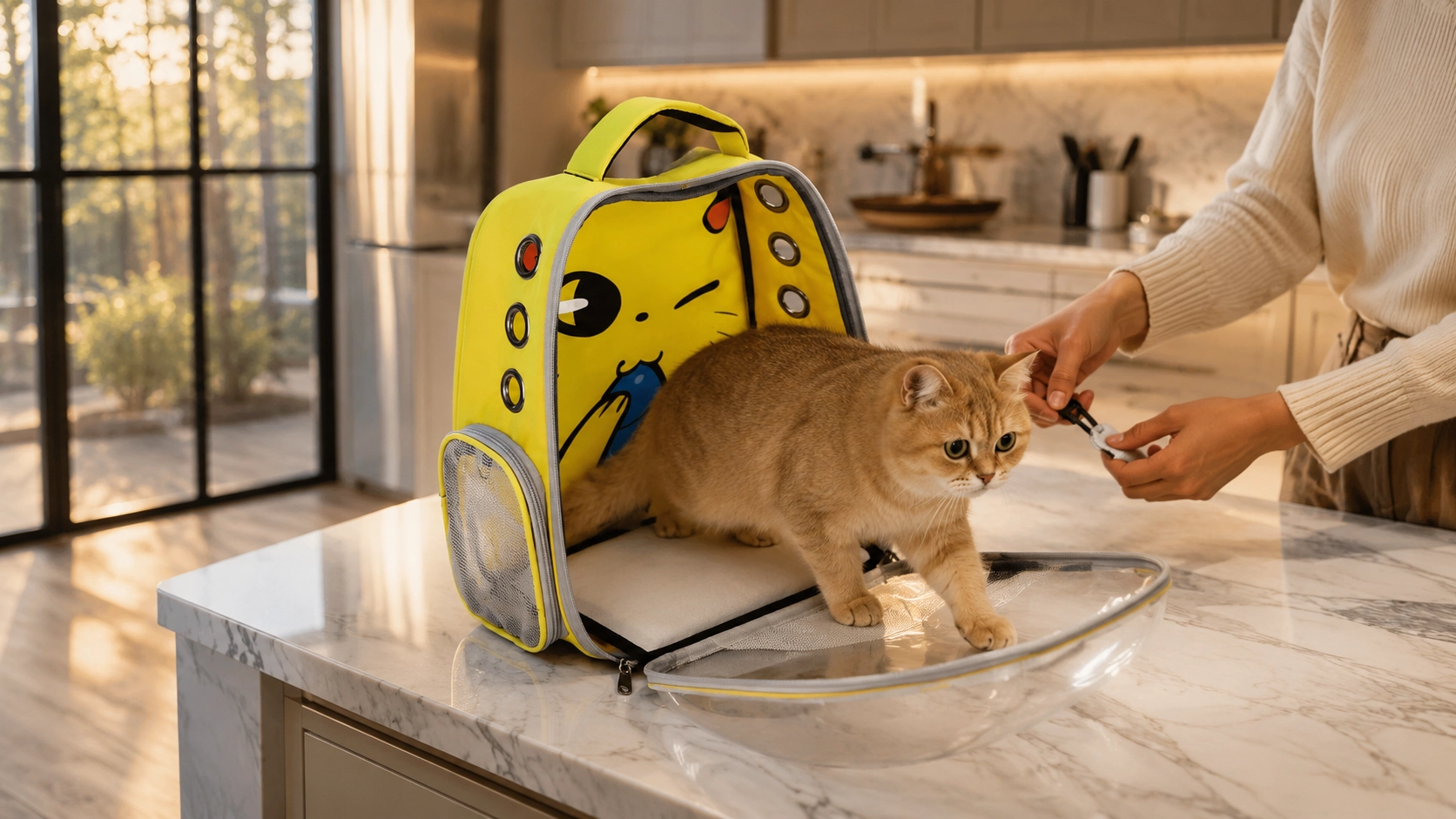 双肩透明卡通猫包 · 晨光中的出行准备 · GuardHound