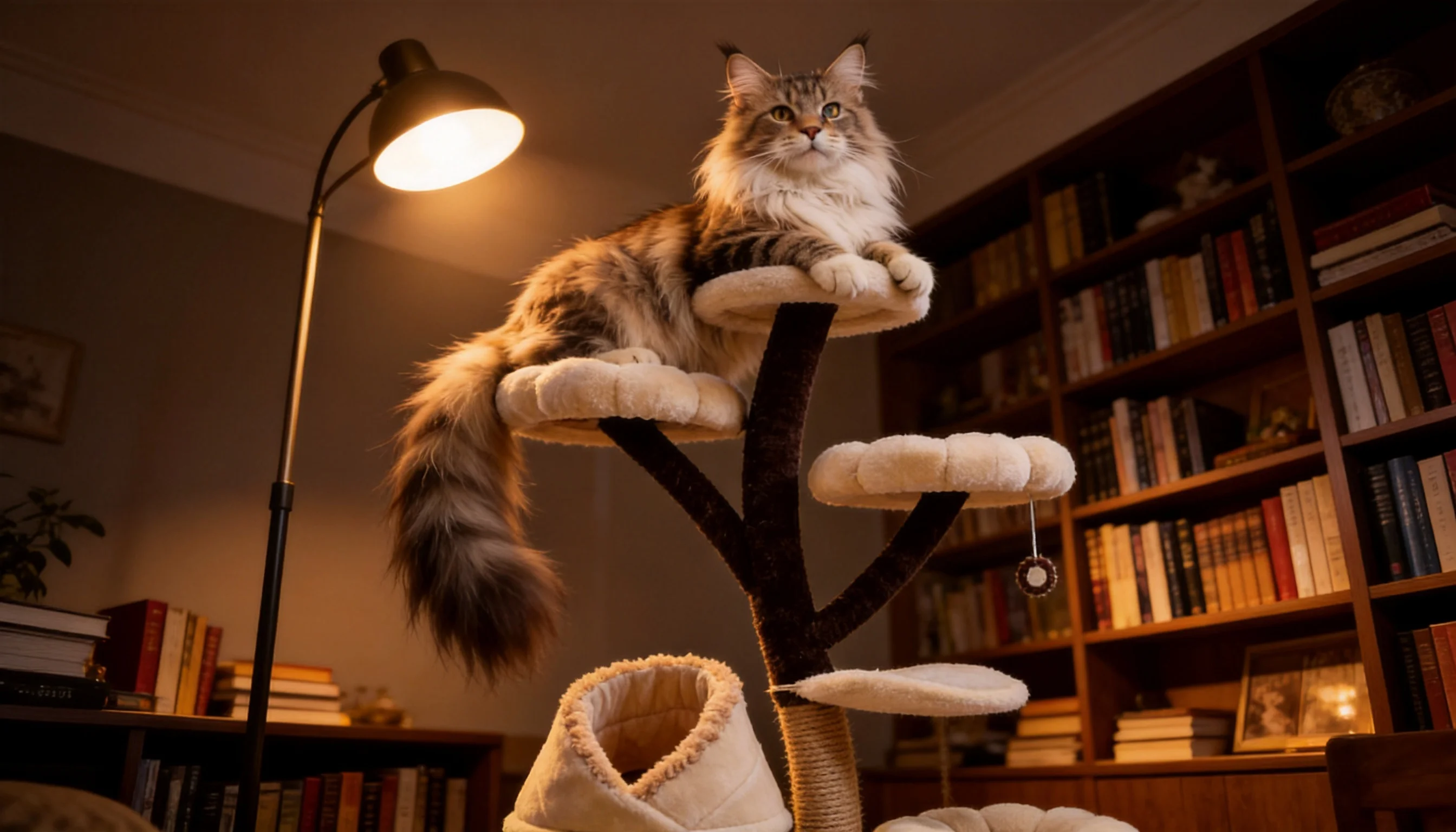 花苞猫爬架 · 夜晚暖光下的缅因猫 · GuardHound