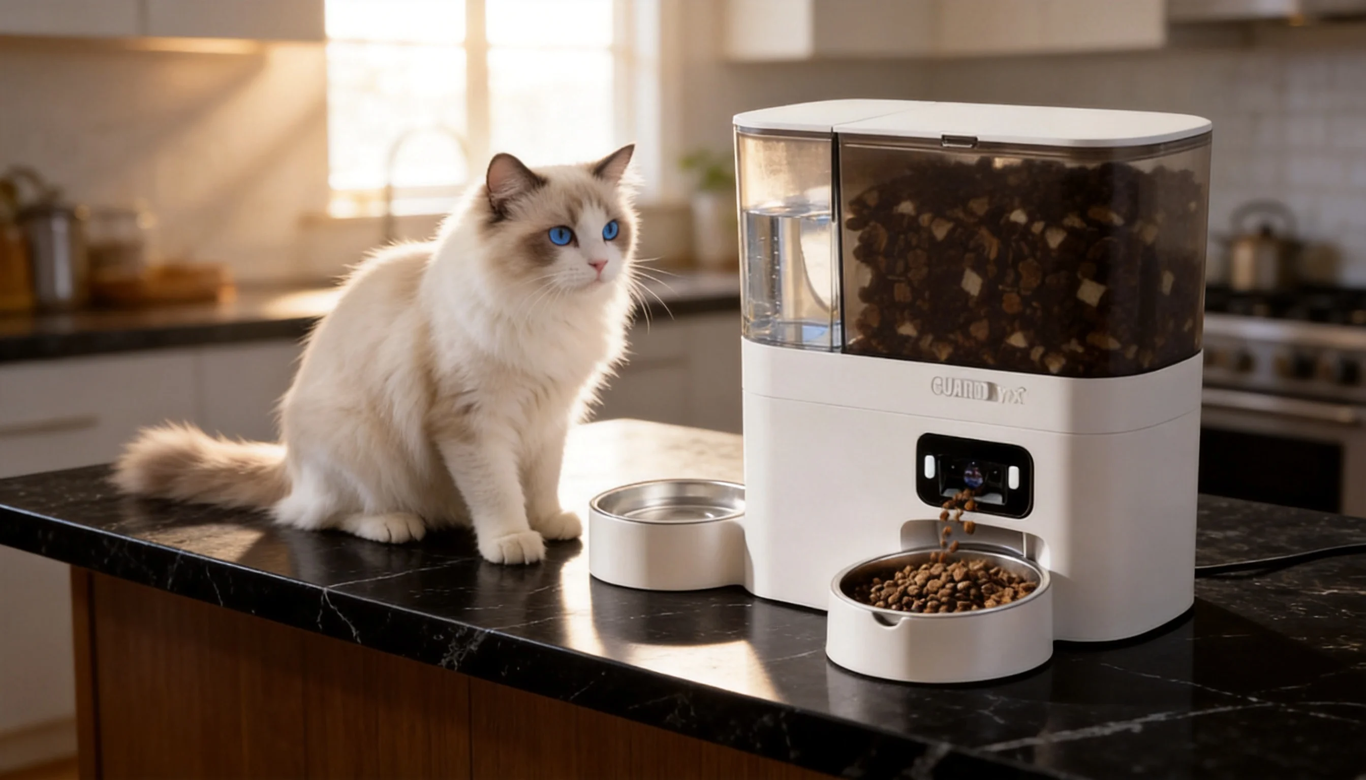 智能喂食饮水一体机 · 清晨阳光下的猫用喂食器 · GuardHound