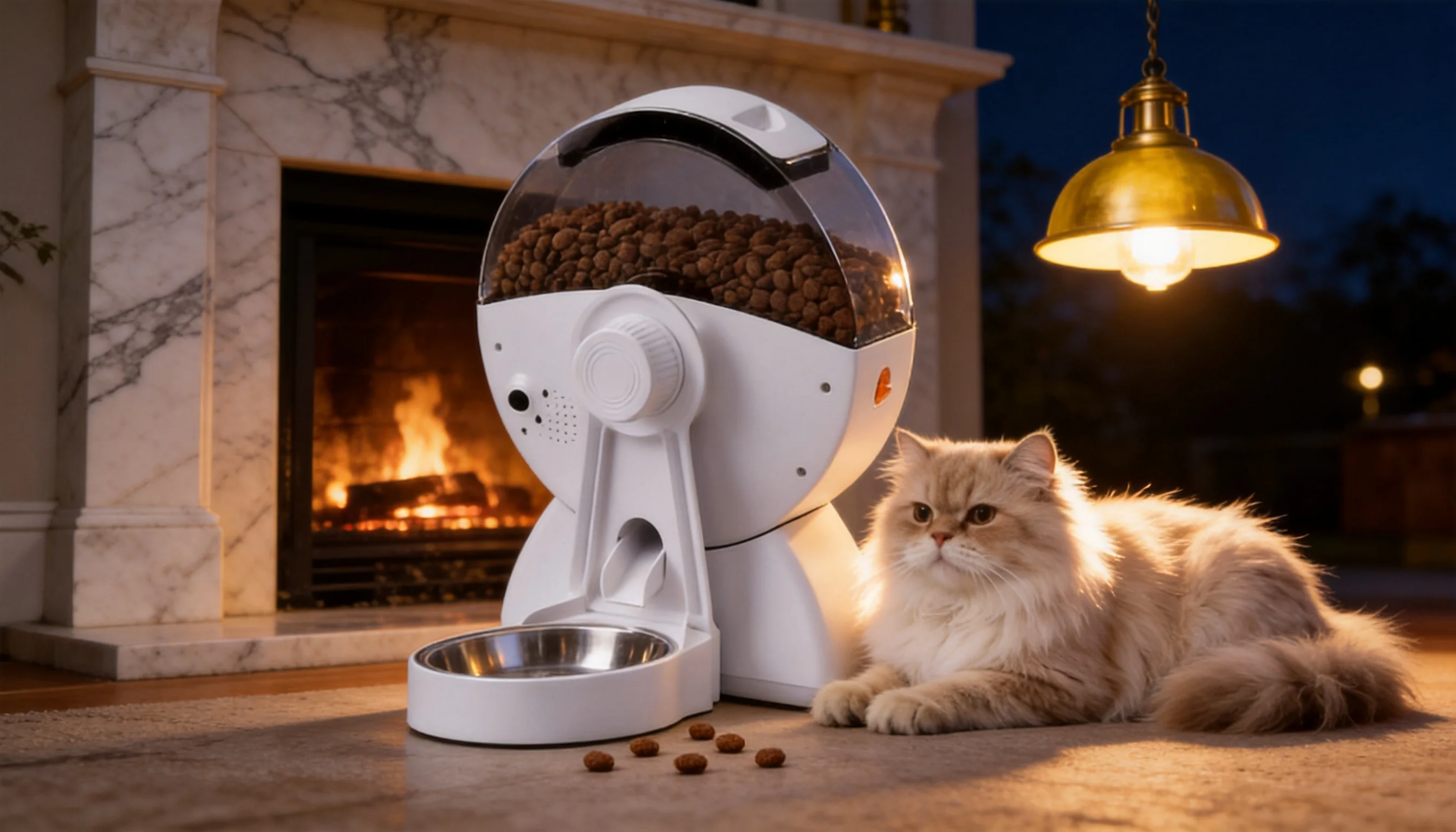 笼内智能喂食器 · 夜晚暖光里的波斯猫 · GuardHound