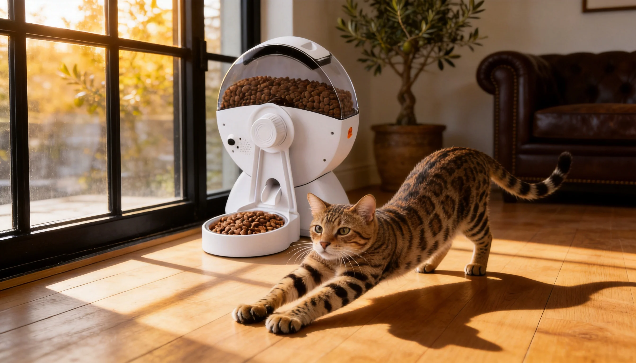 笼内智能喂食器 · 午后金辉中的孟加拉豹猫 · GuardHound