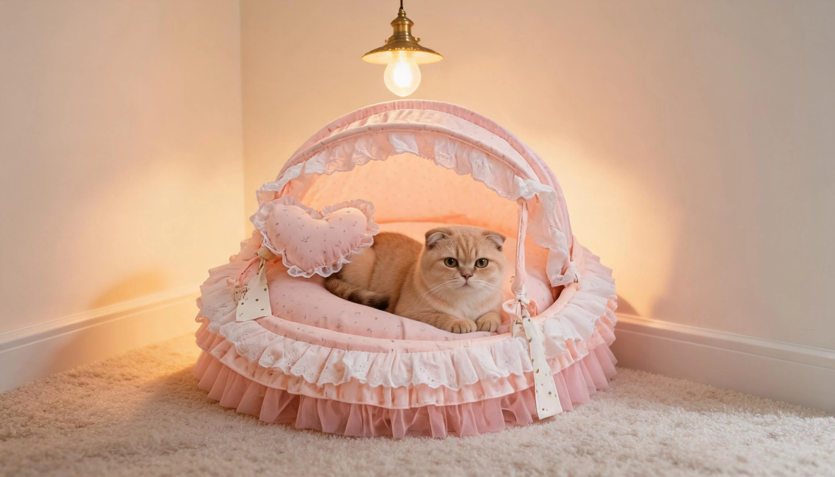 圆形蕾丝顶棚猫窝 · 黄昏卧室的苏格兰折耳猫 · GuardHound